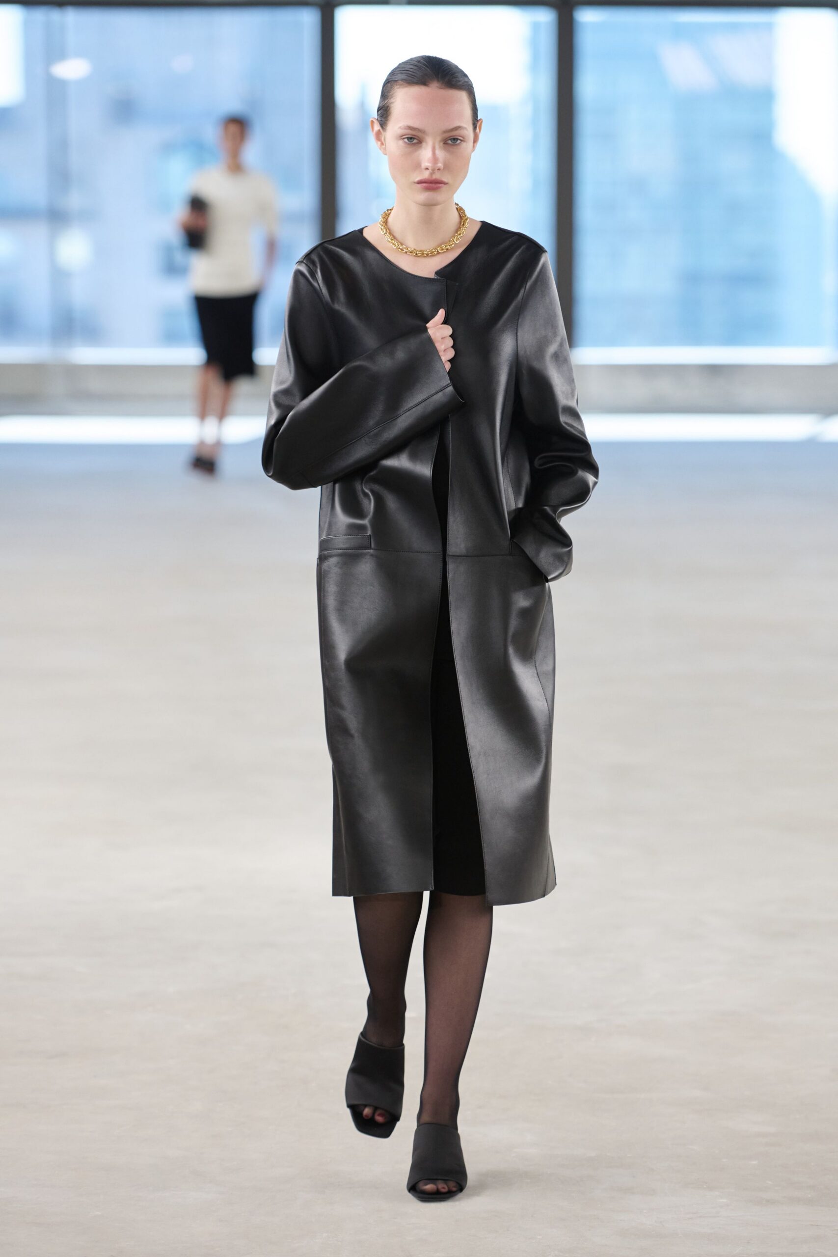 black leather midi dress and shoes