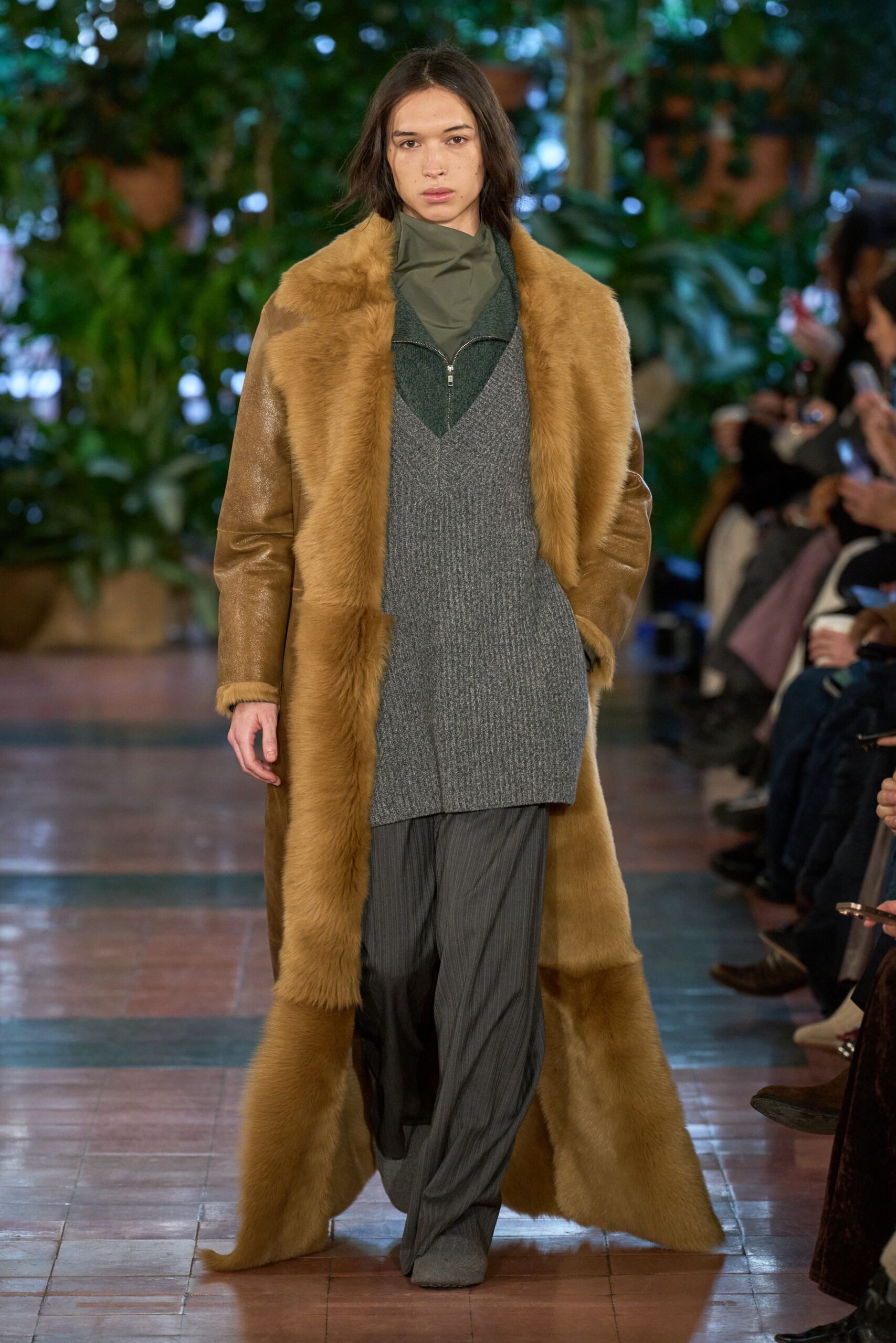 brown fur coat with gray top