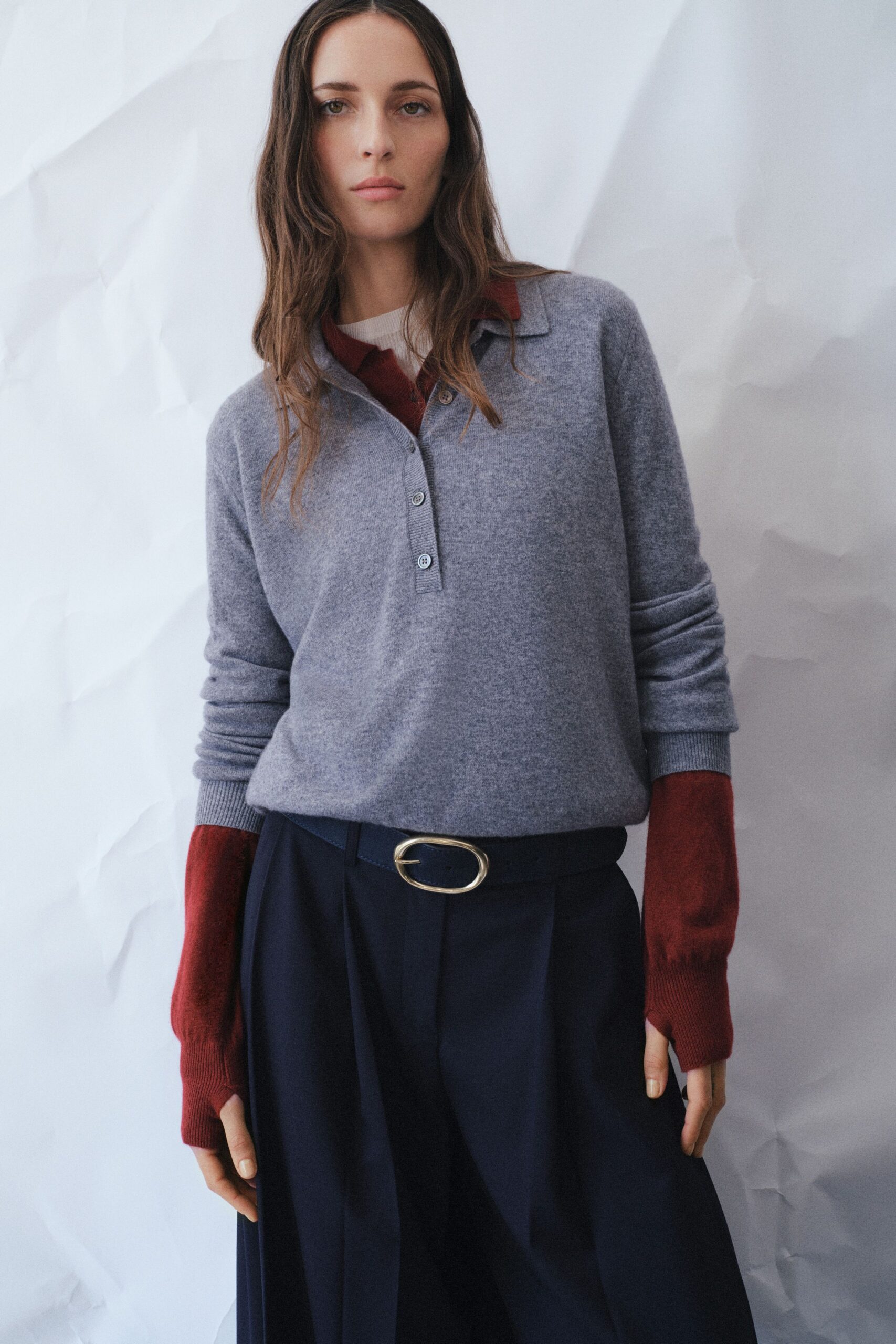 gray wool sweater with navy pants