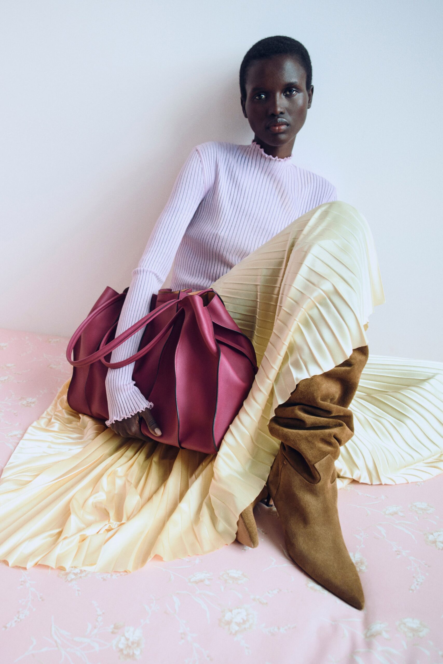 yellow silk relaxed pleated flowing midi skirt