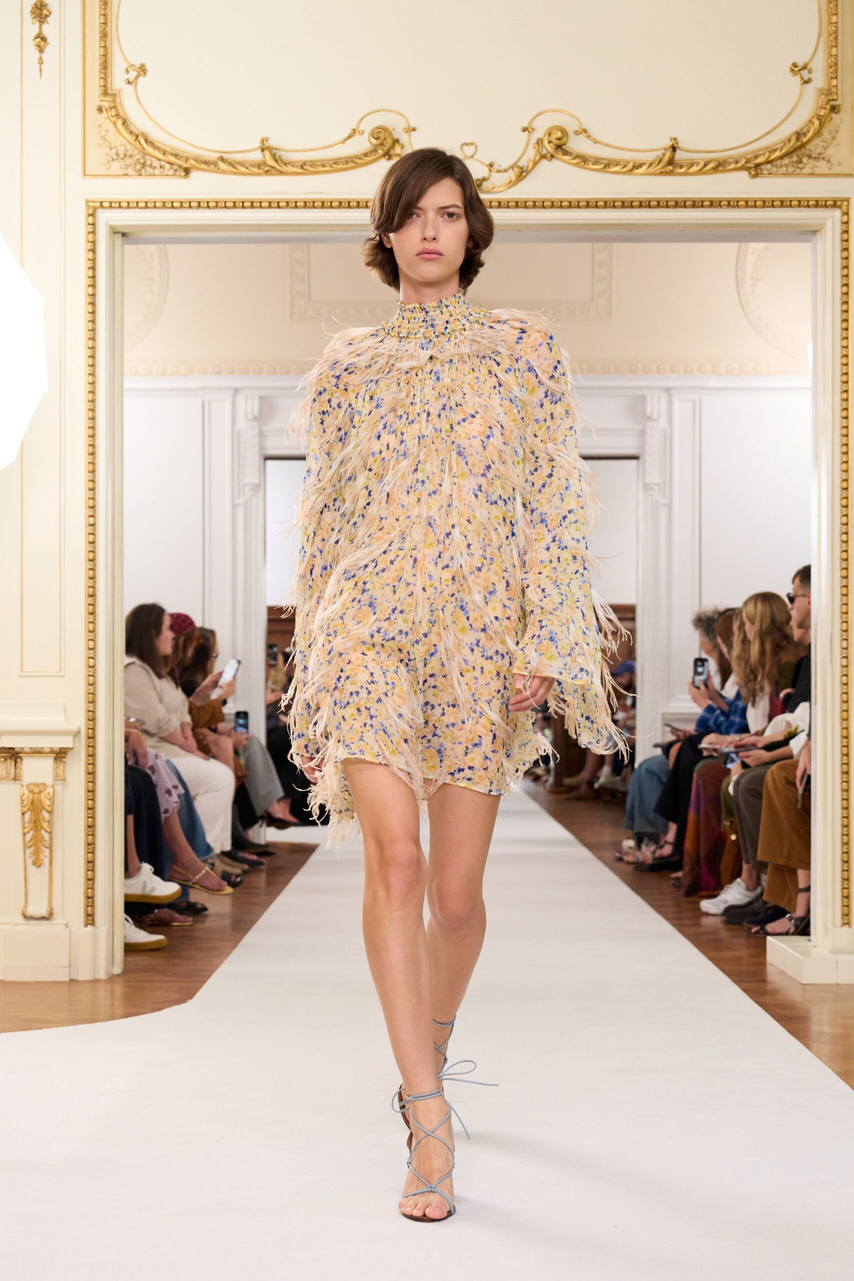 yellow chiffon long-sleeve high-neck fitted ruffled flared dress