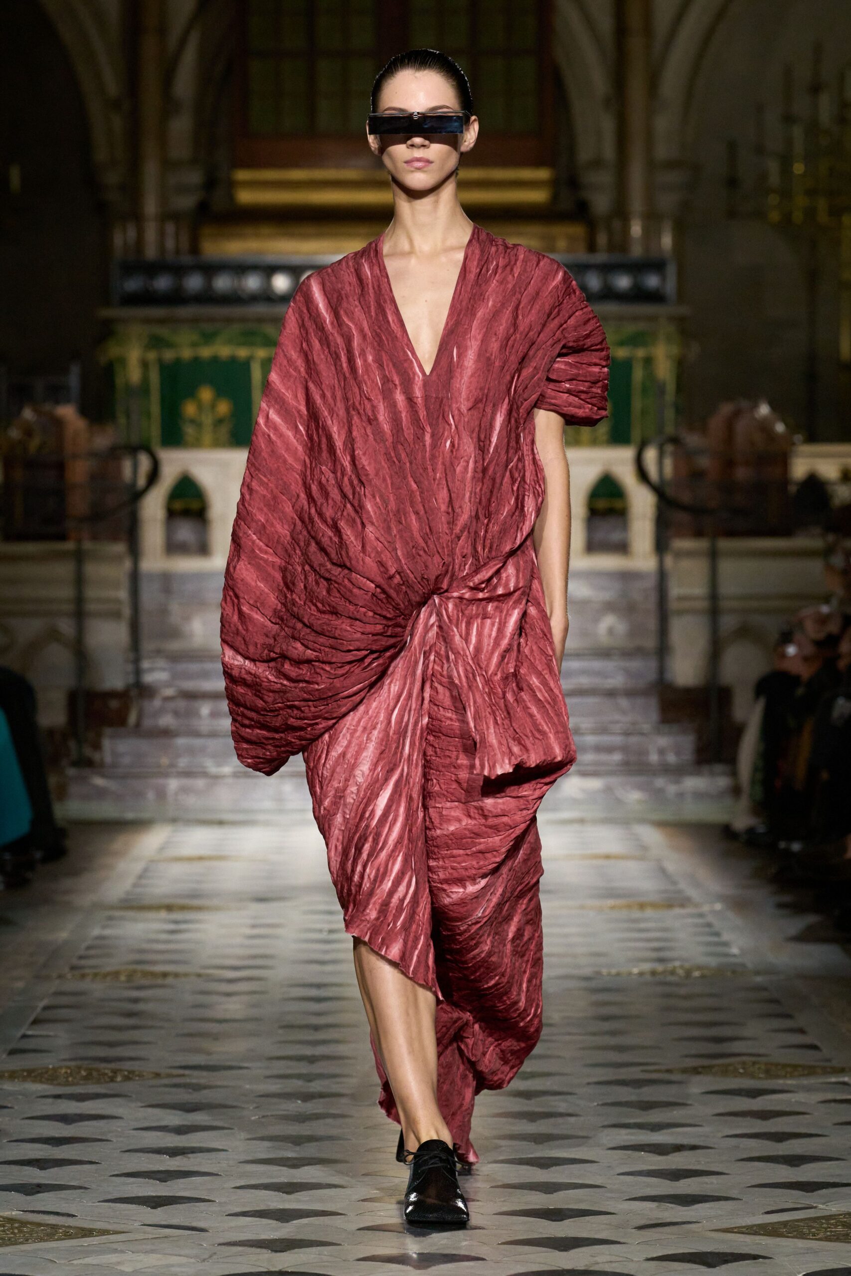 red silk sleeveless v-neck relaxed draped maxi dress