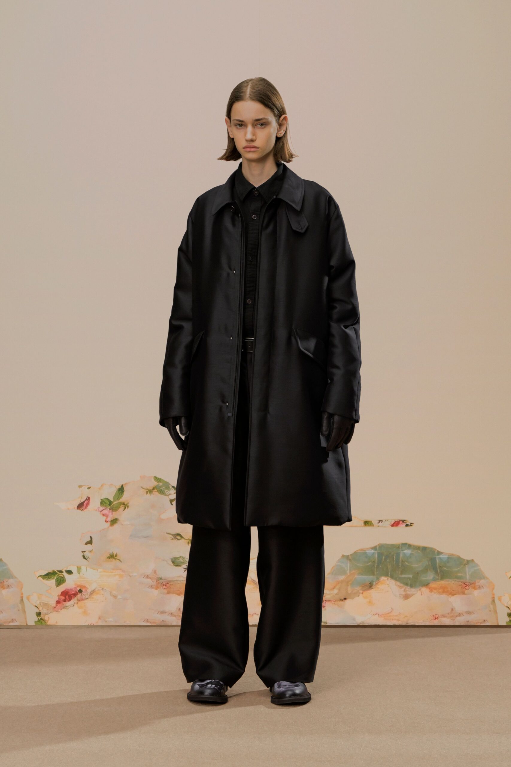 black satin long-sleeve collared oversized coat