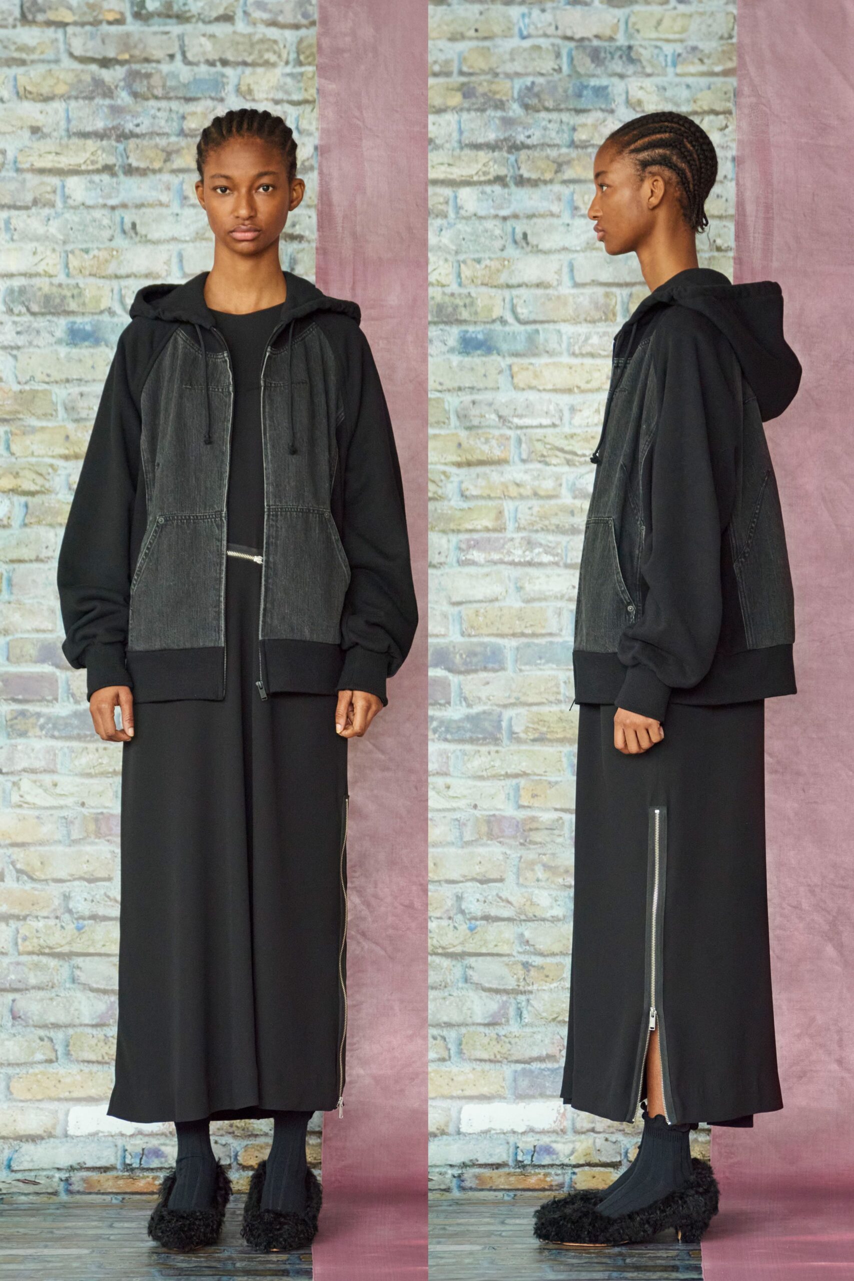black oversized hoodie and maxi dress
