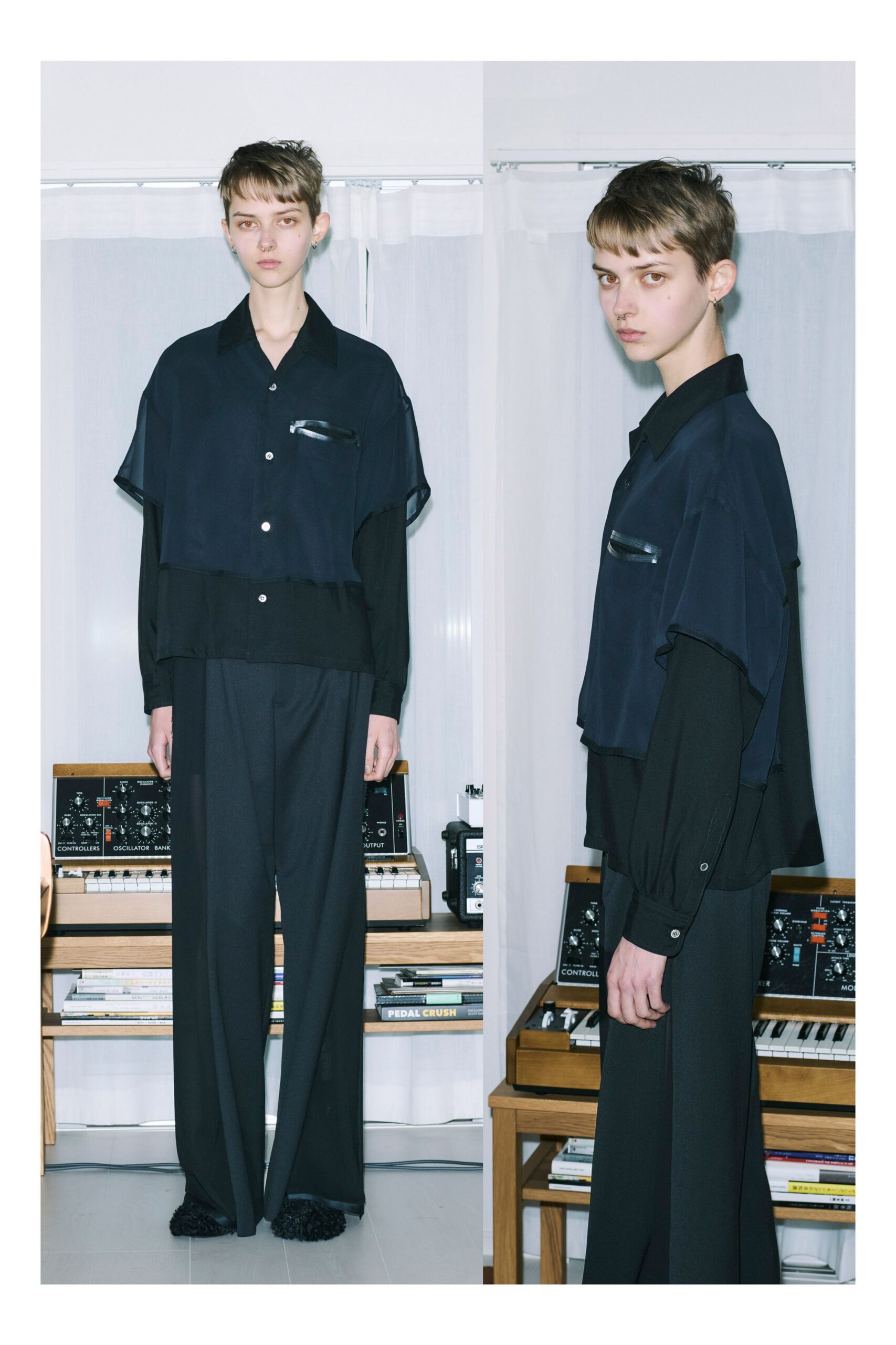black silk short-sleeve collared relaxed buttoned shirt