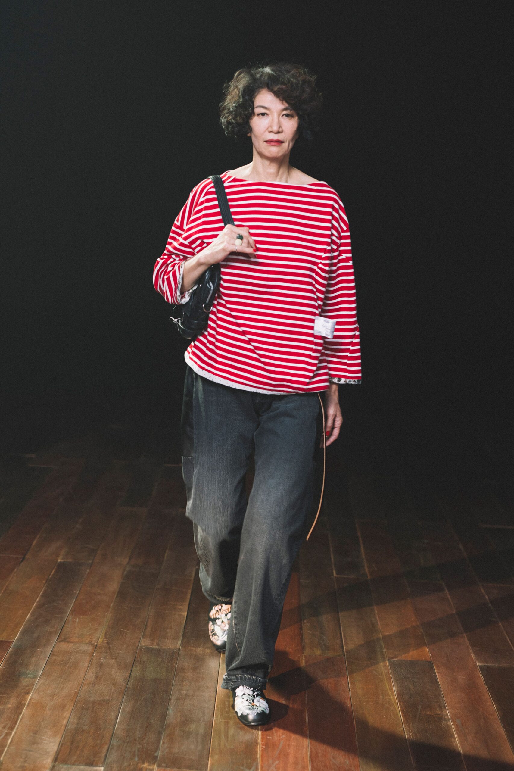 red striped top with black pants