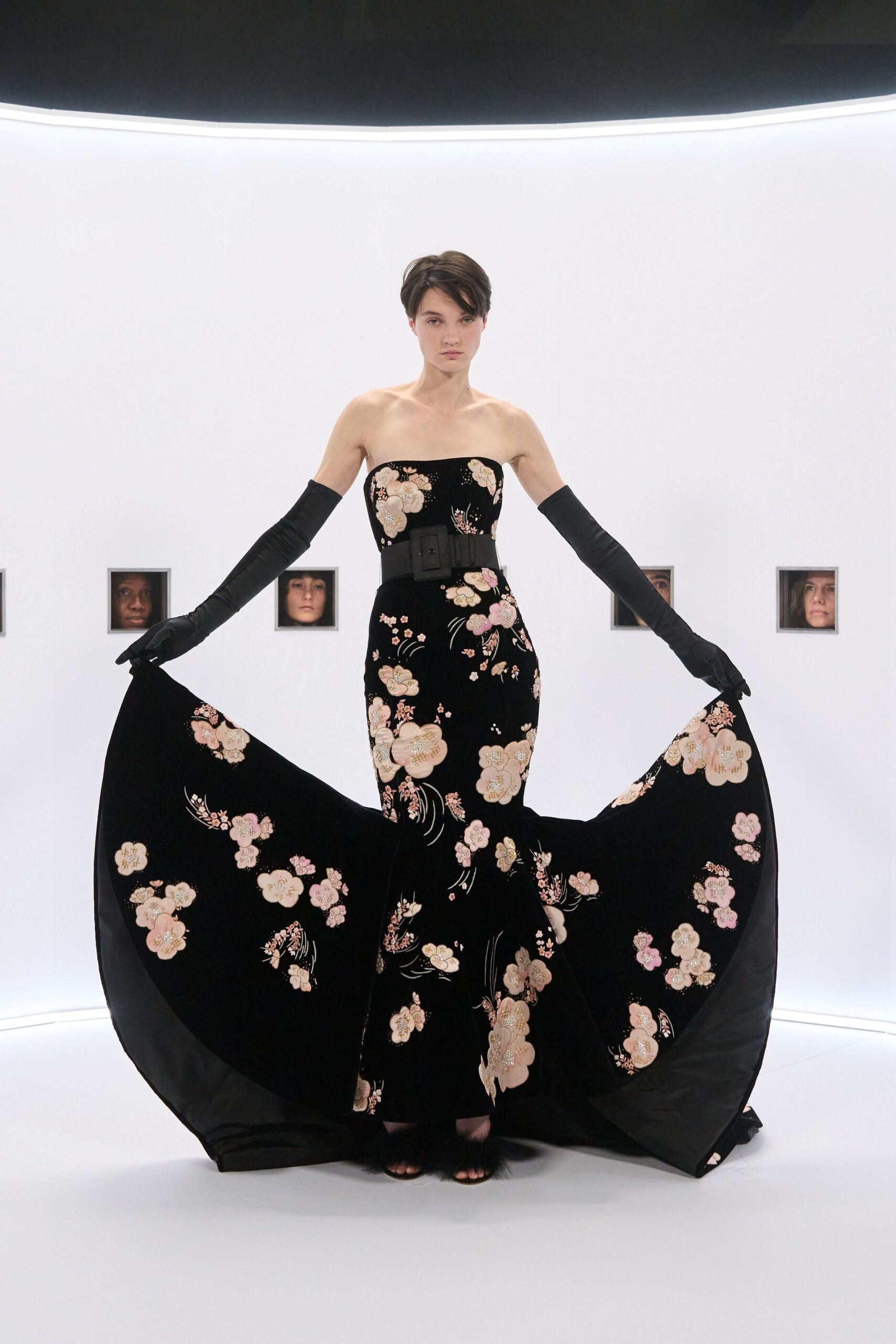 black velvet strapless fitted flared embroidered maxi gown