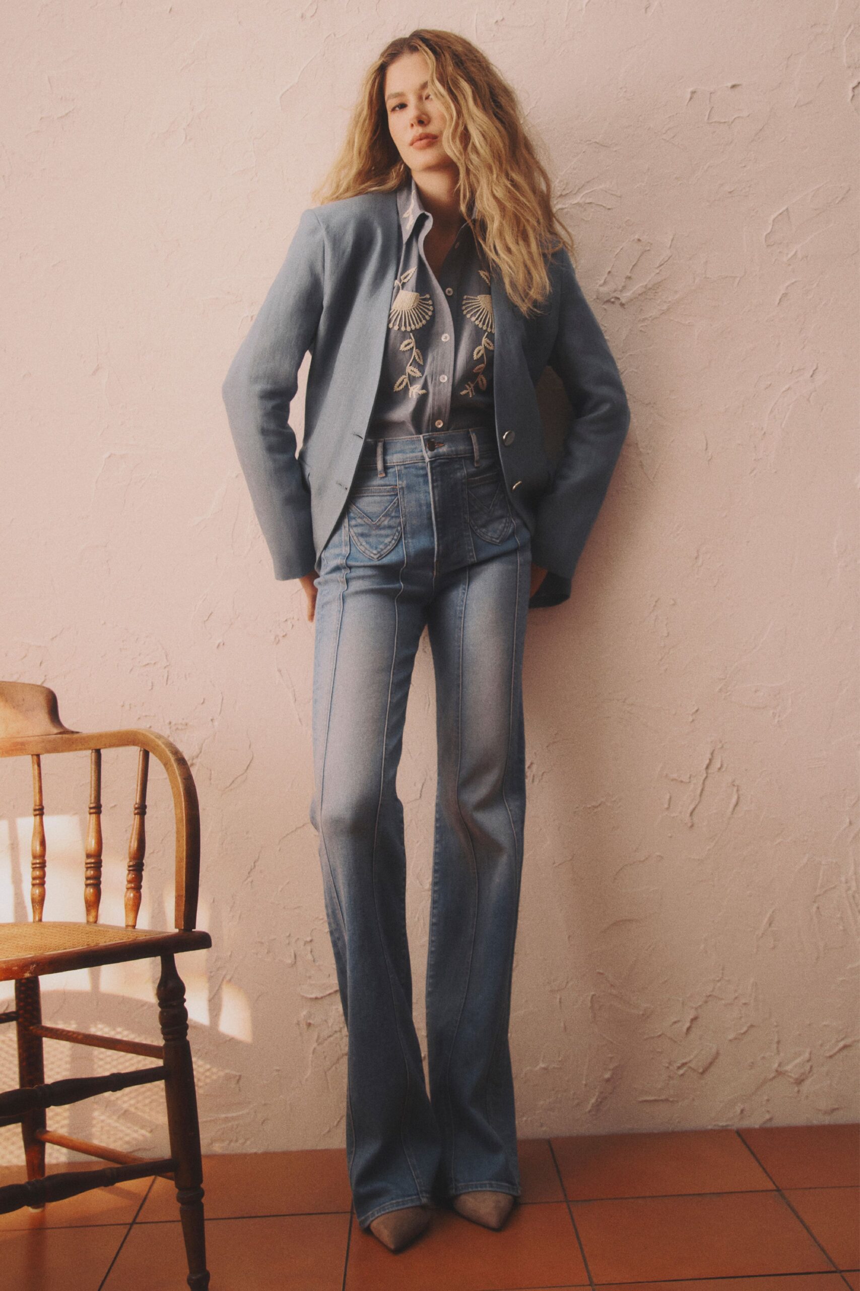 blue denim fitted high-waisted flared jeans
