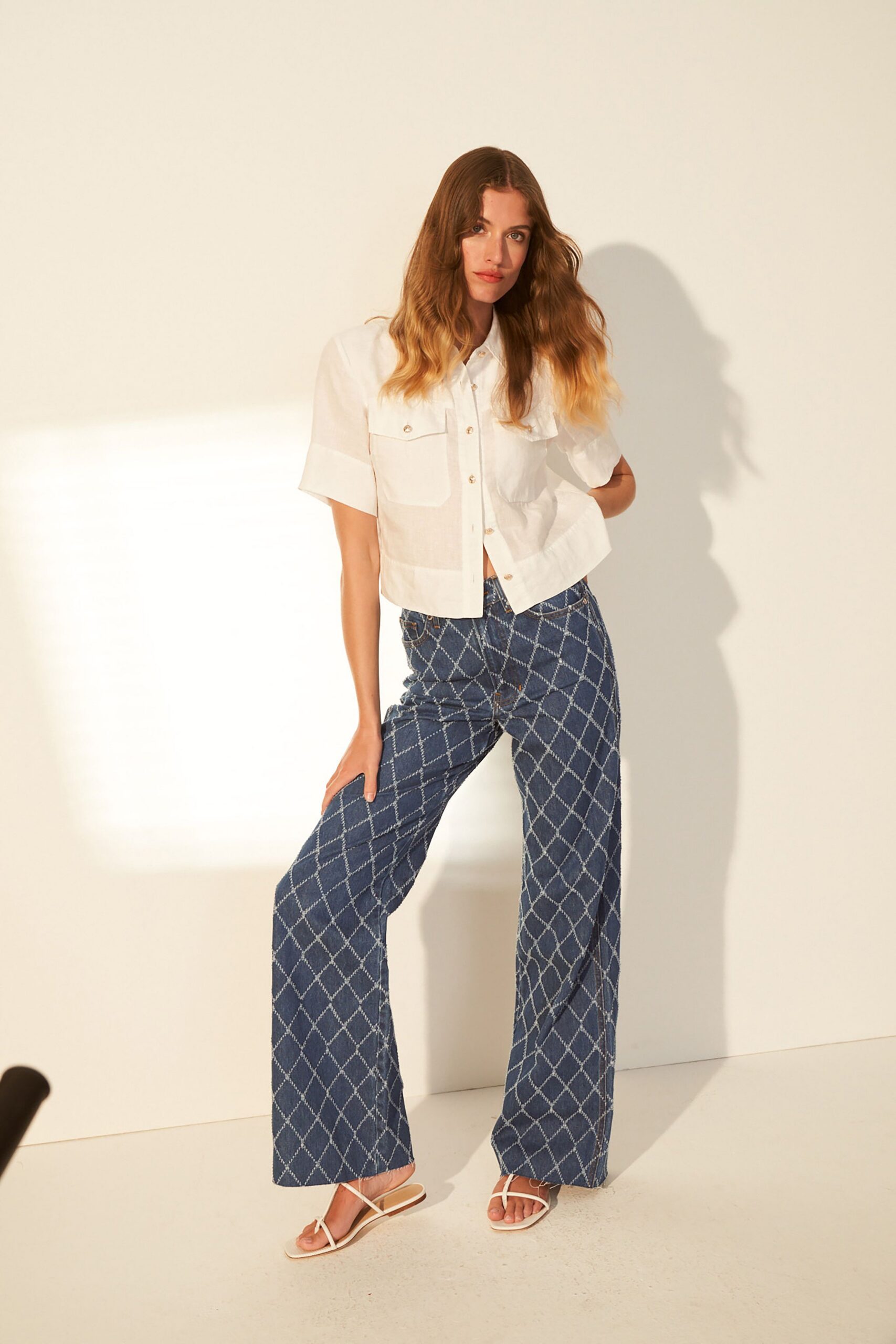 white shirt blue checked pants