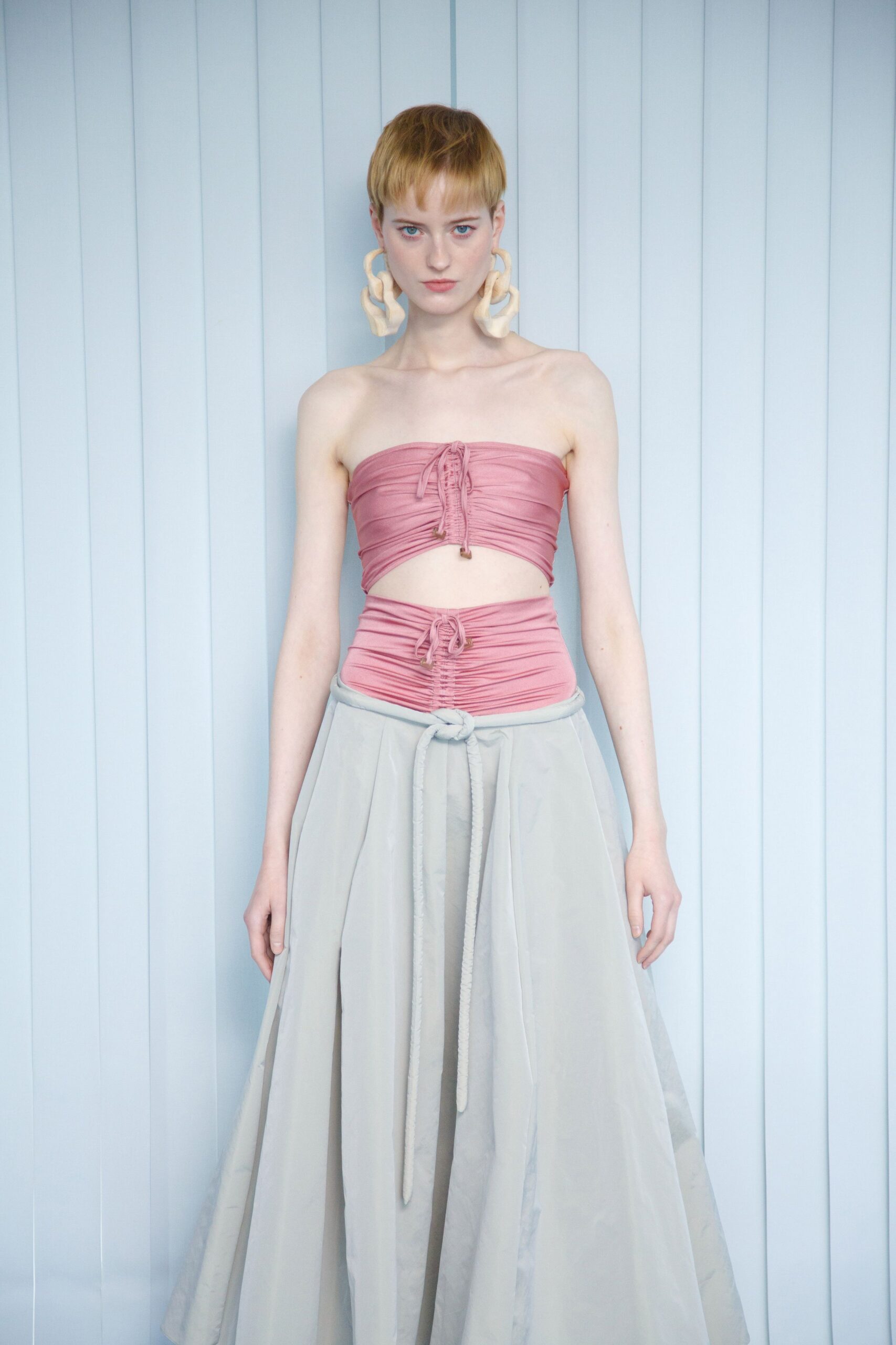 pink silk sleeveless fitted ruched cropped top
