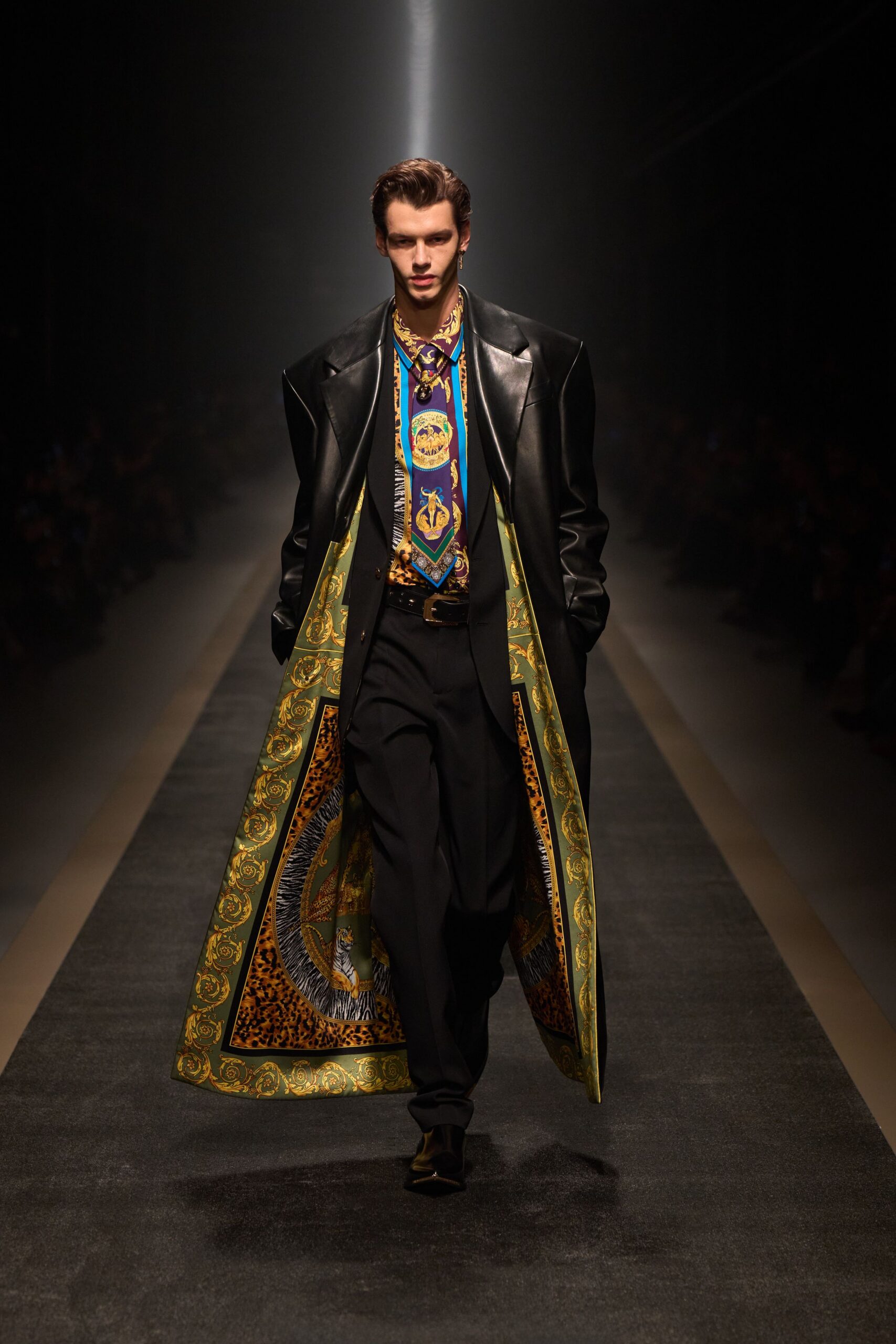 black leather coat with multi shirt