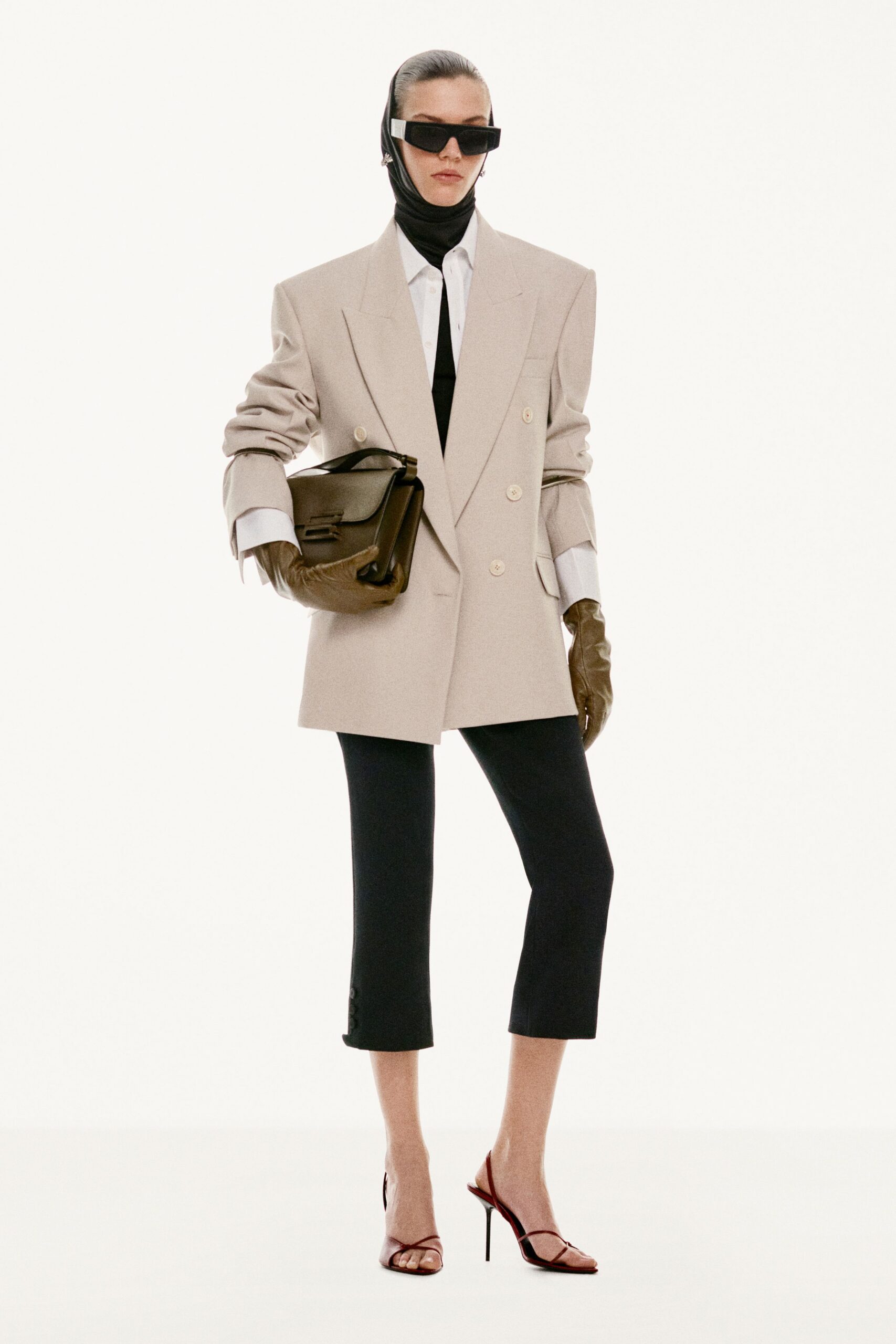 black cotton tailored straight-leg cropped pants