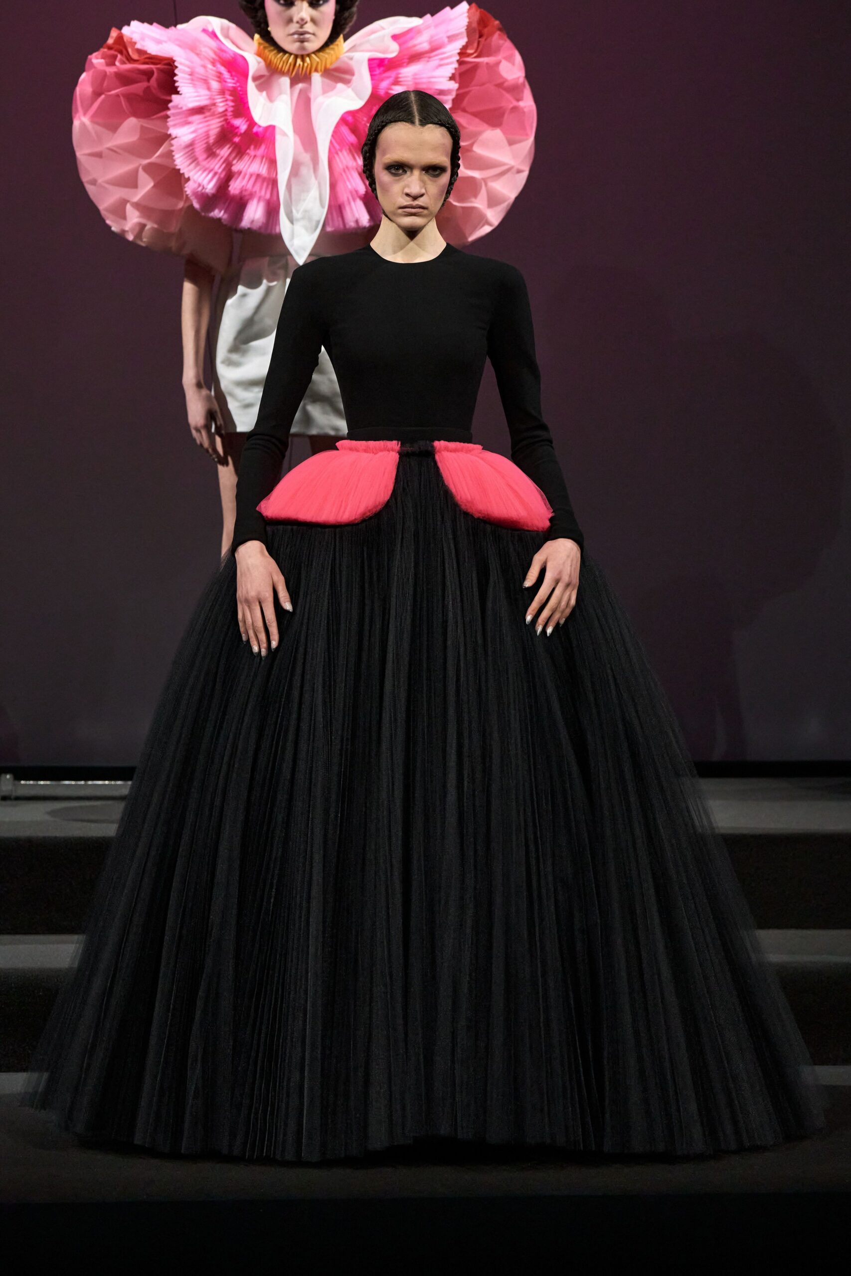 black tulle maxi dress with pink details