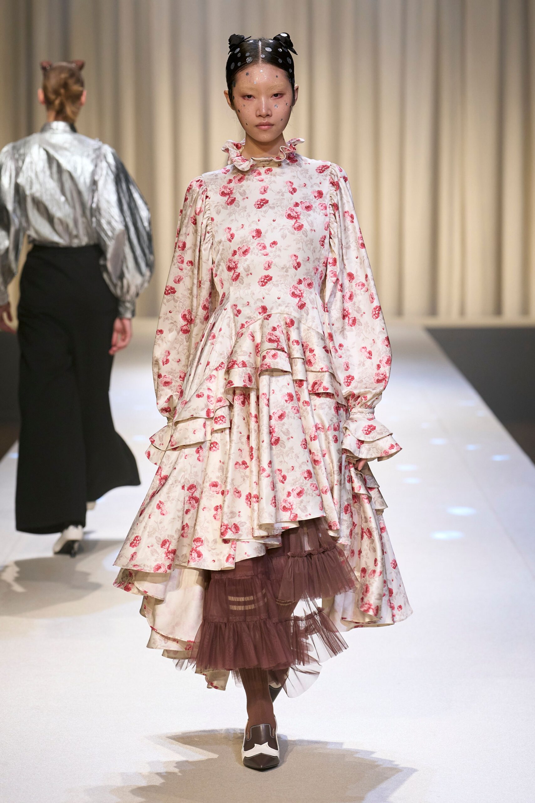 white cotton long-sleeve high-neck relaxed floral tiered dress