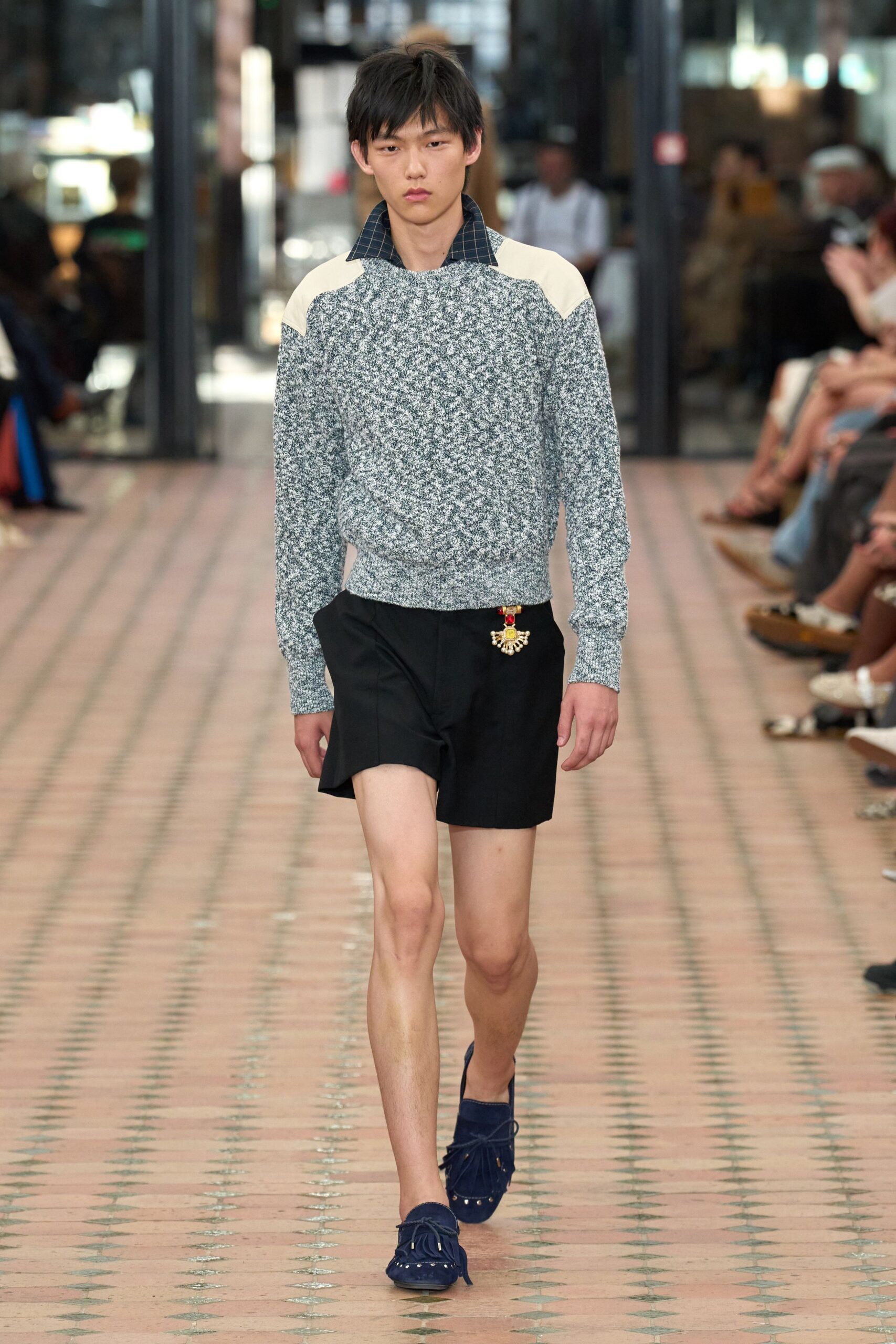 blue cotton long-sleeve collared fitted textured sweater