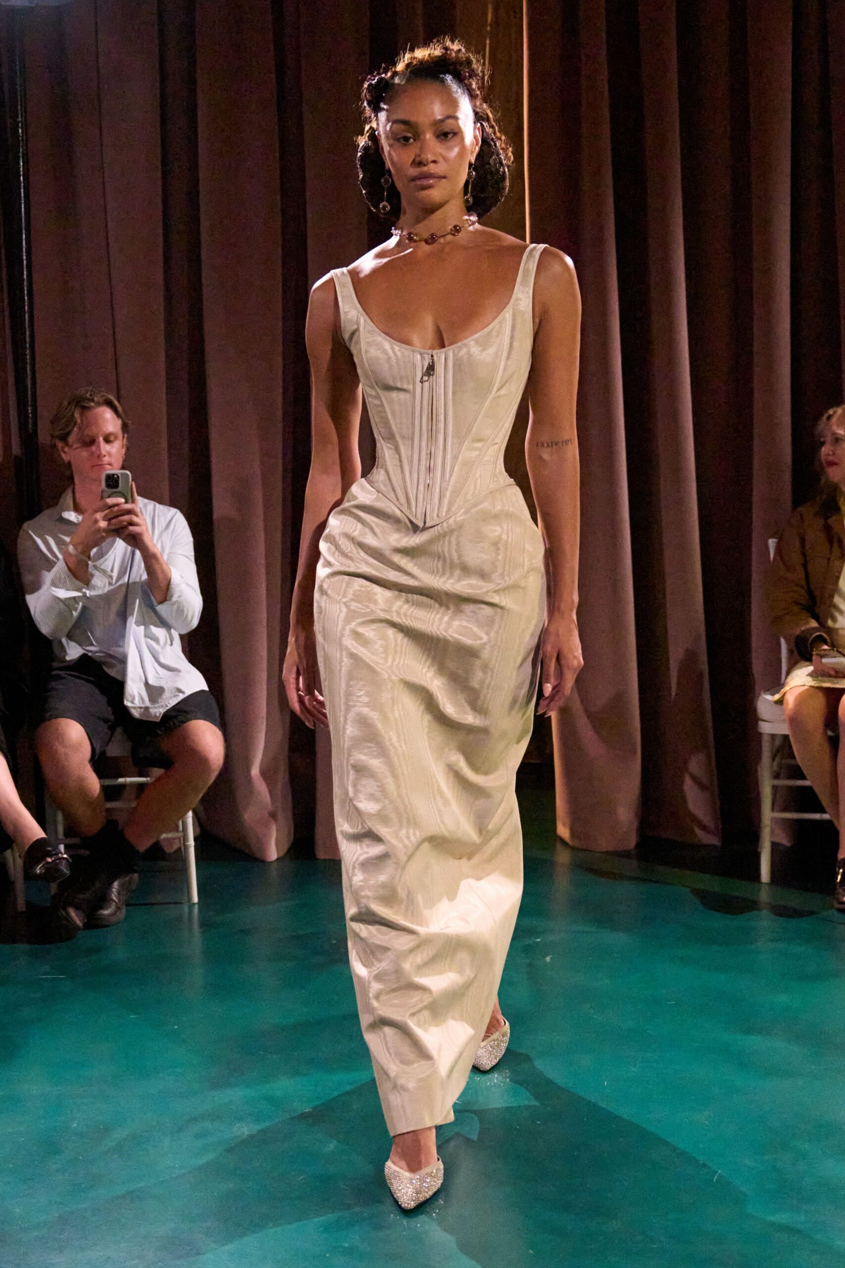 ivory silk sleeveless v-neck fitted ruched maxi gown