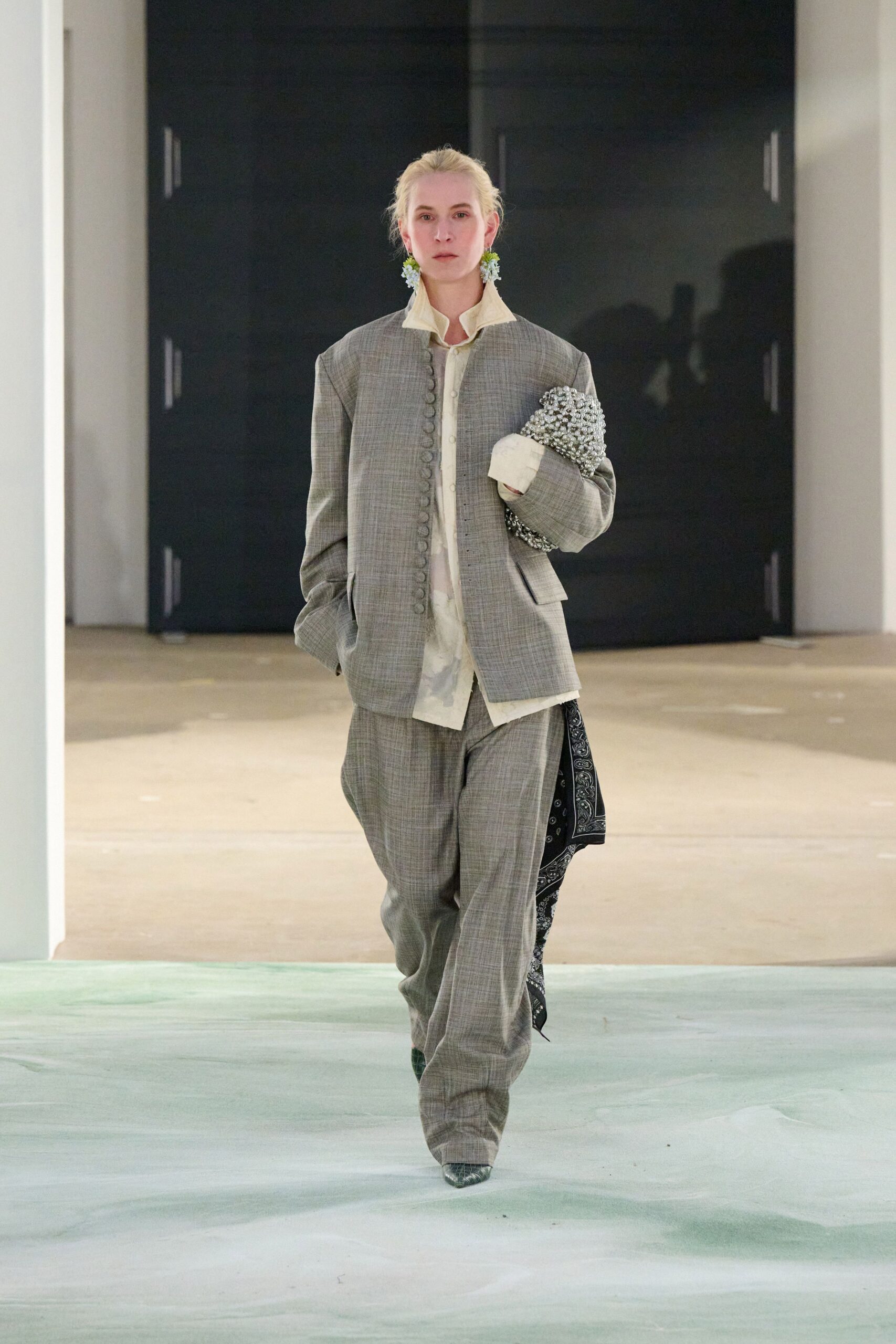 gray oversized blazer with relaxed shirt