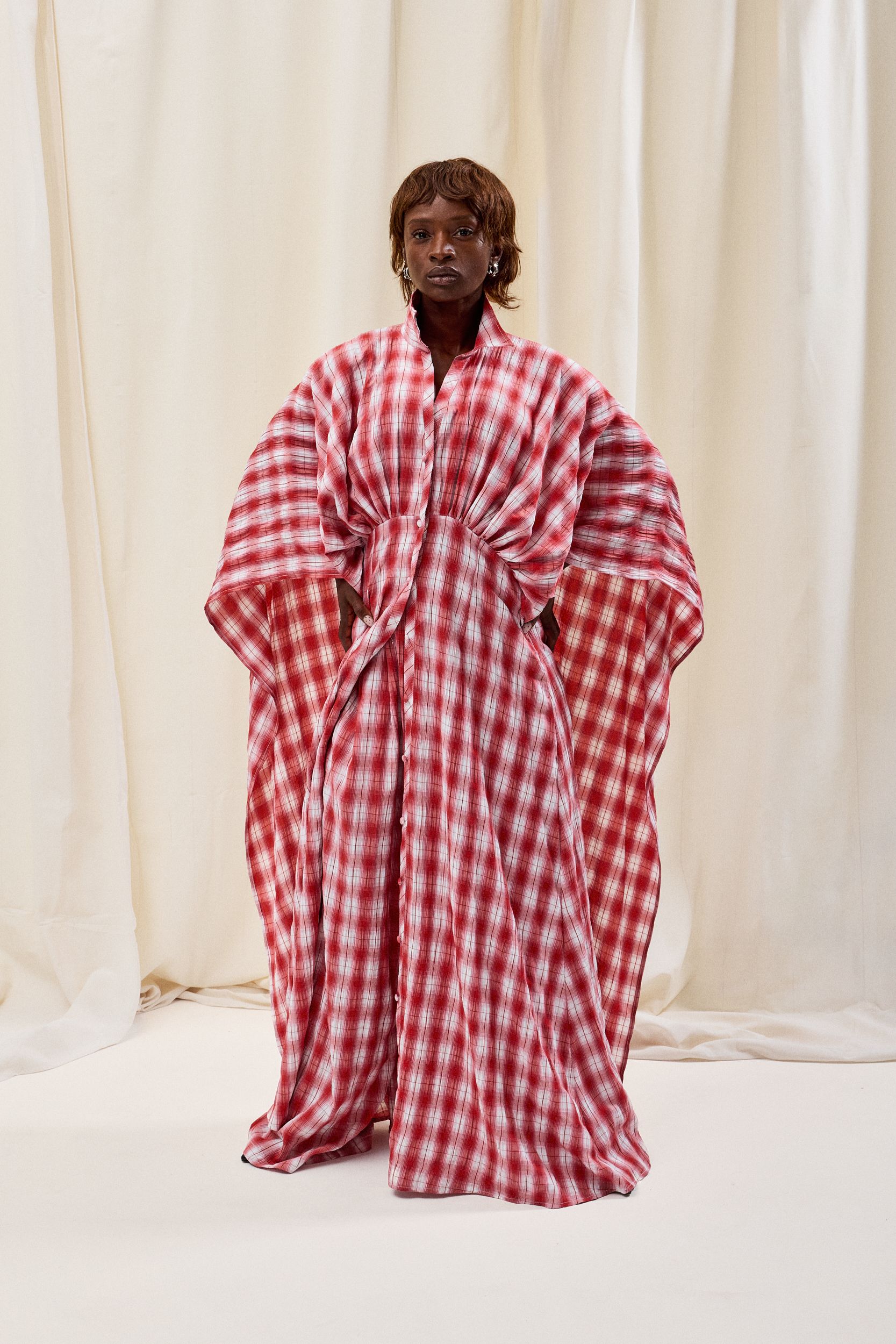 red and white checked maxi dress