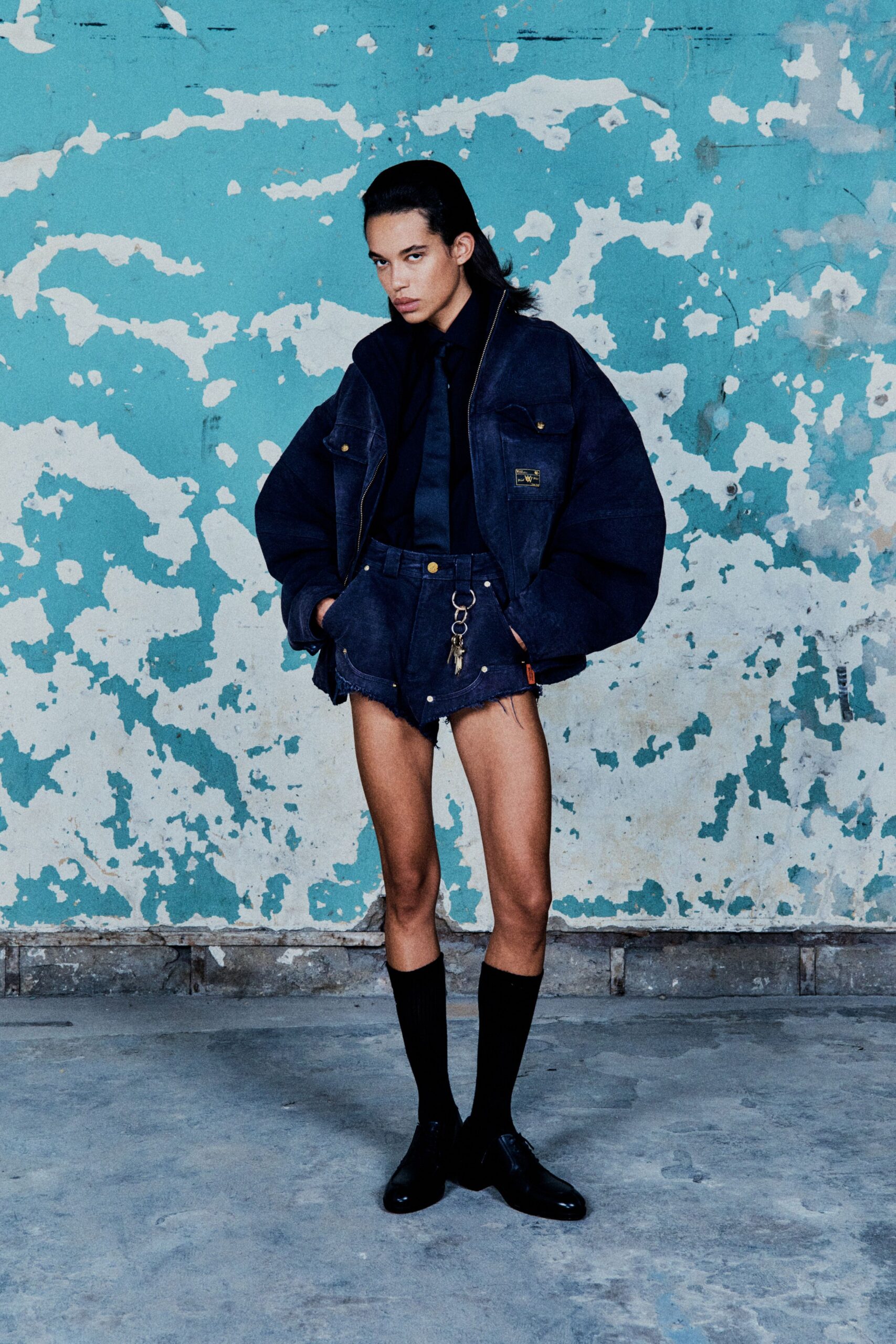 blue denim fitted fringed short shorts