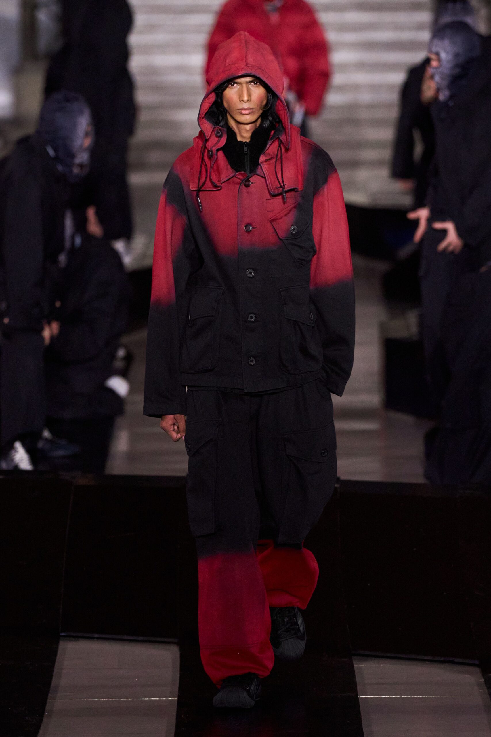 red long-sleeve hooded relaxed color-blocked hoodie