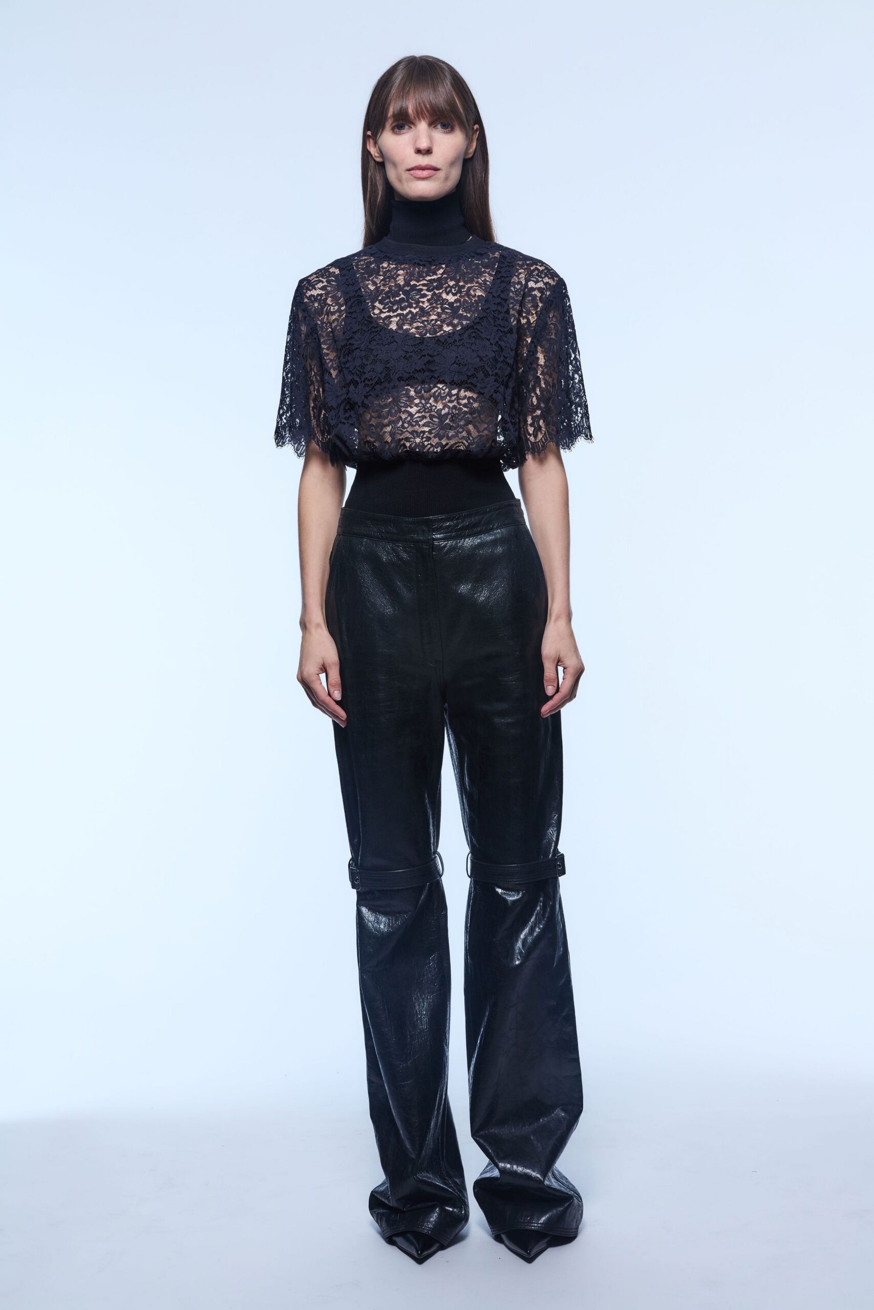 black lace short-sleeve high-neck fitted sheer top