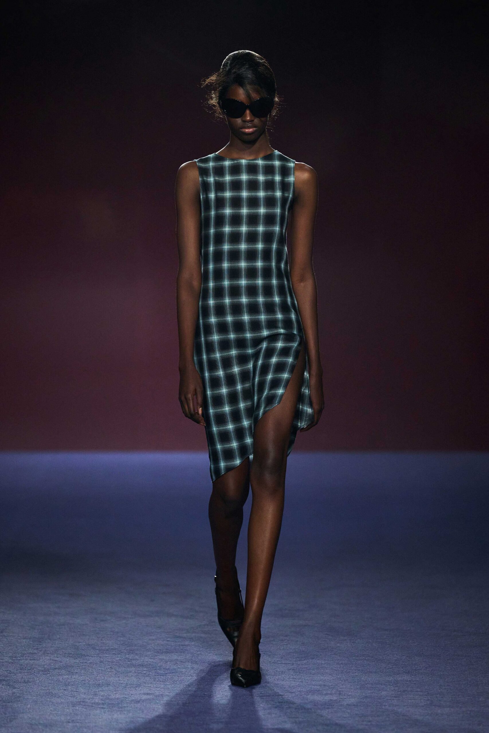 black cotton sleeveless v-neck fitted checked midi dress