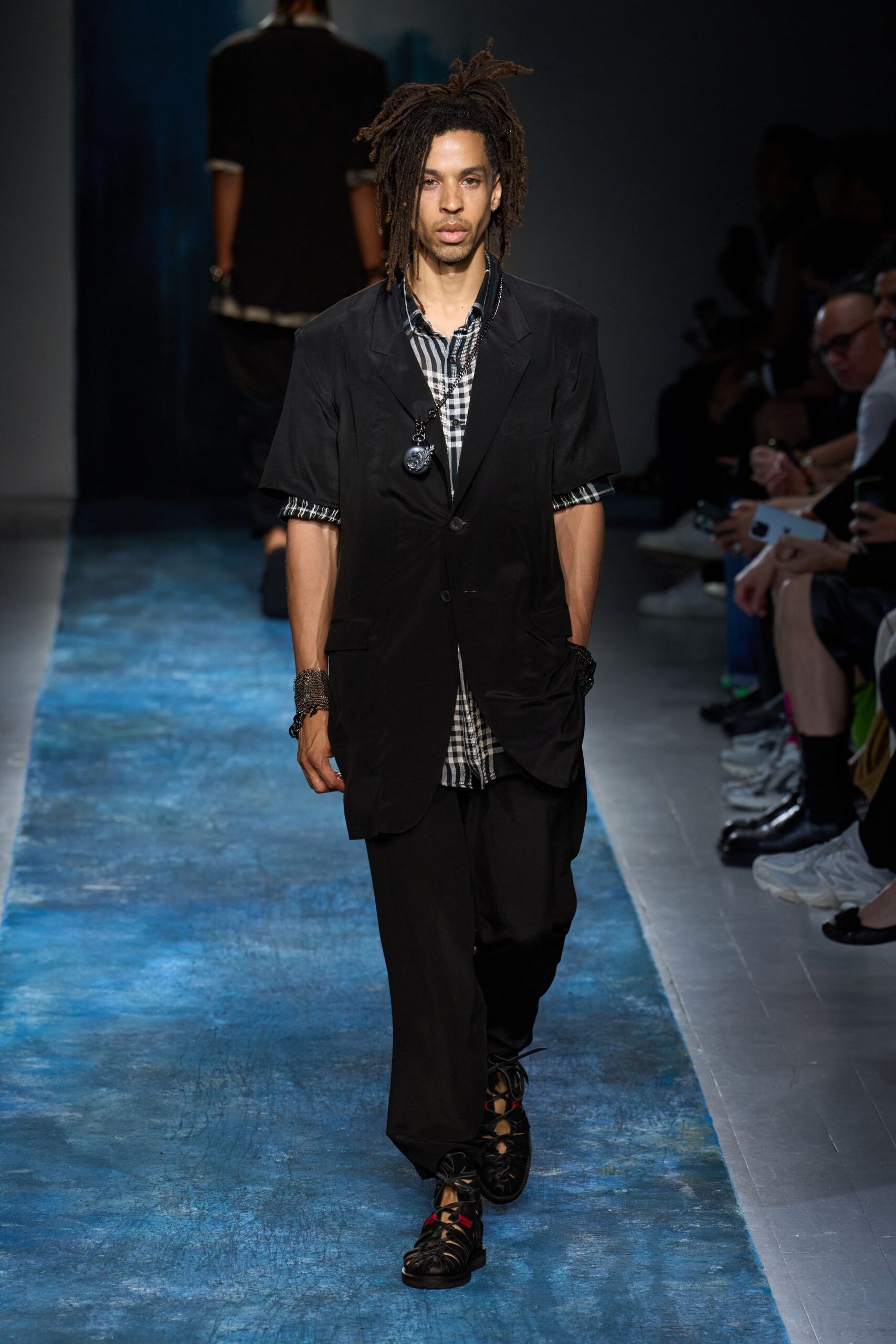 black relaxed blazer with checked shirt