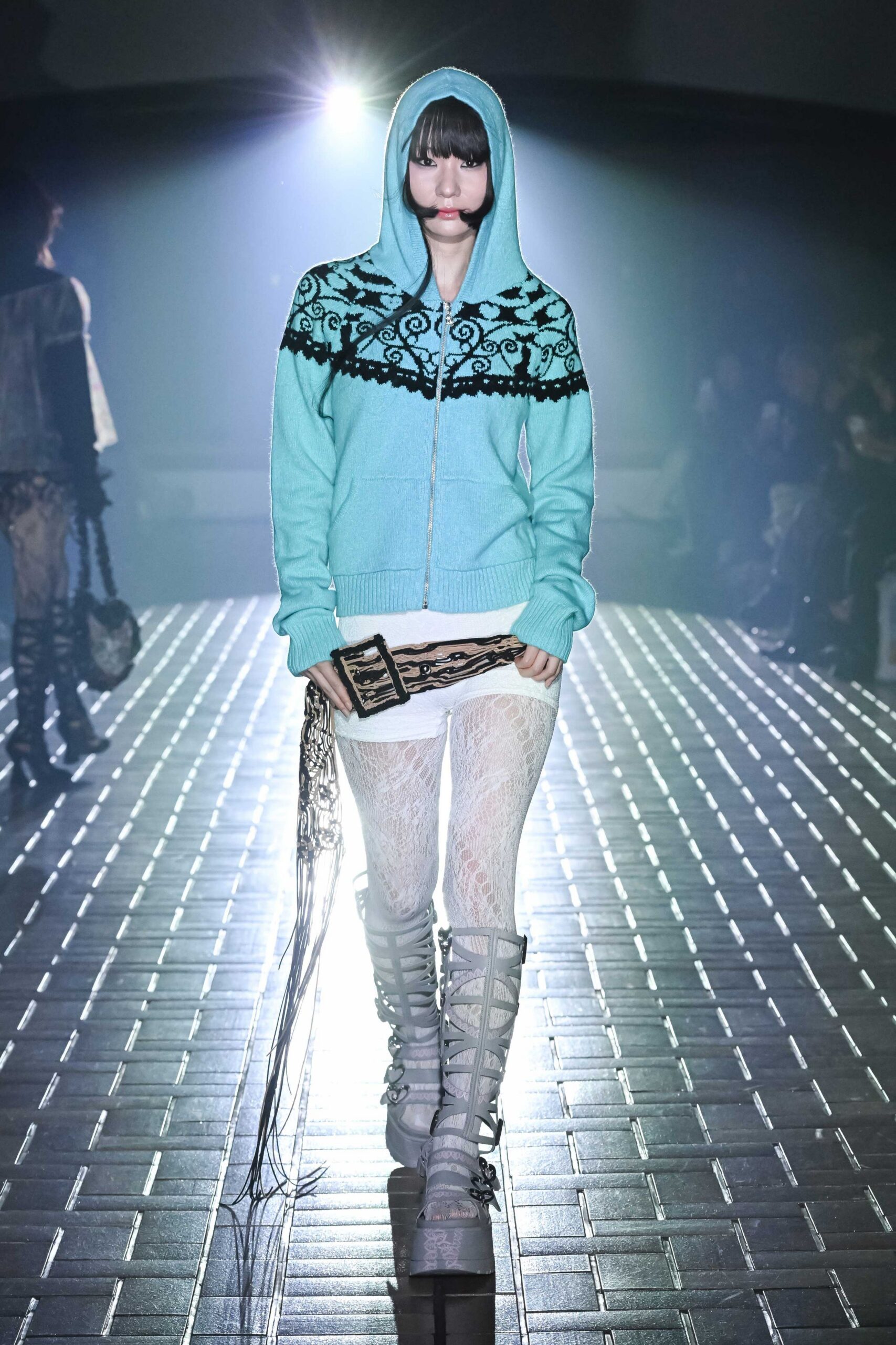 blue embroidered hoodie with shorts