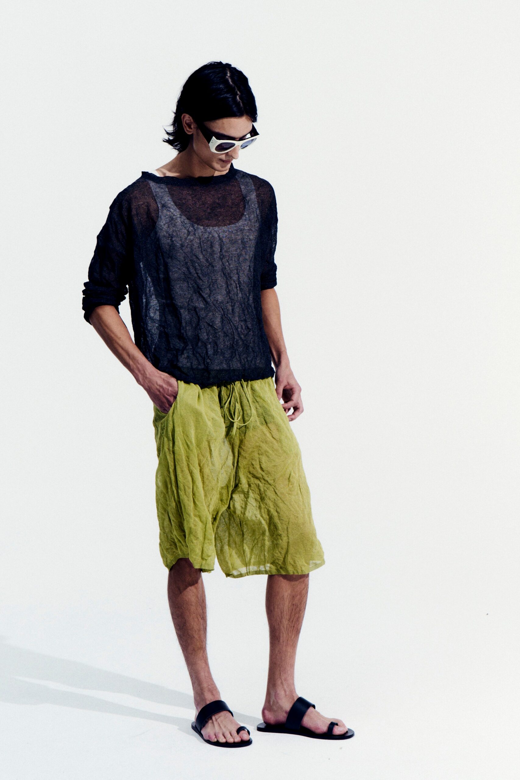 green linen relaxed pleated shorts