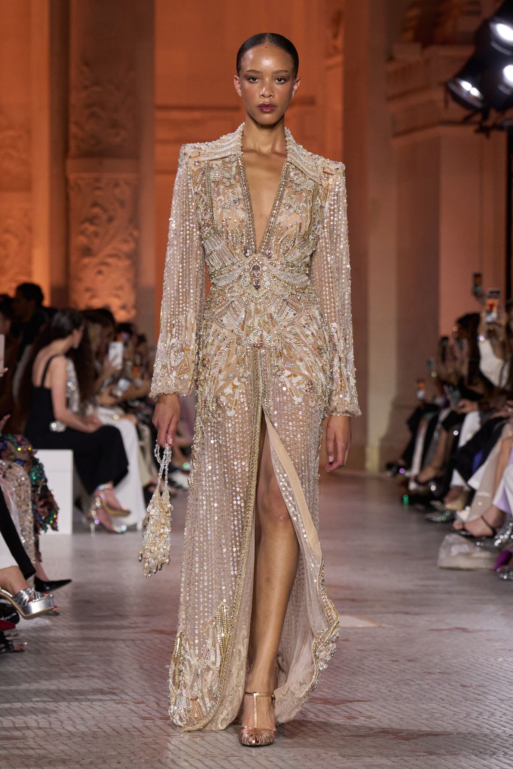 gold silk long-sleeve v-neck fitted beaded embroidered gown