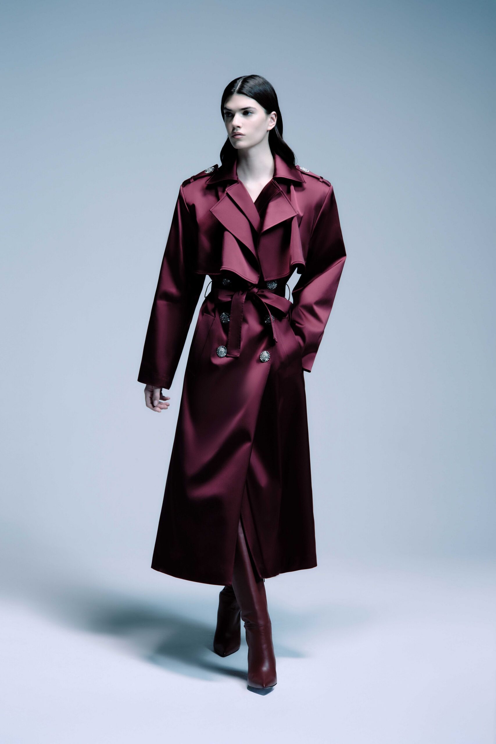 maroon satin long-sleeve collared fitted belted draped trench