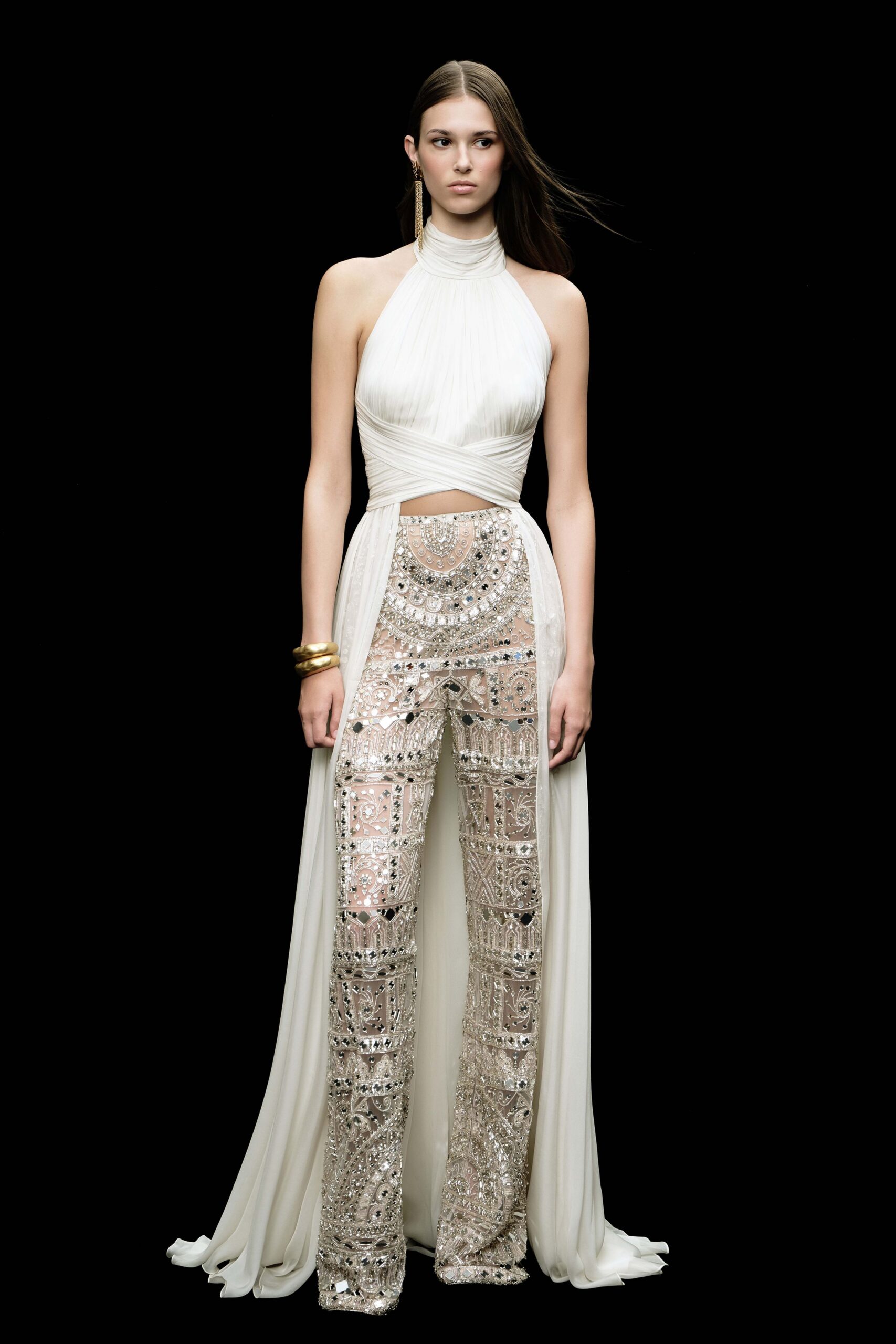 white silk sleeveless high-neck fitted draped embellished jumpsuit