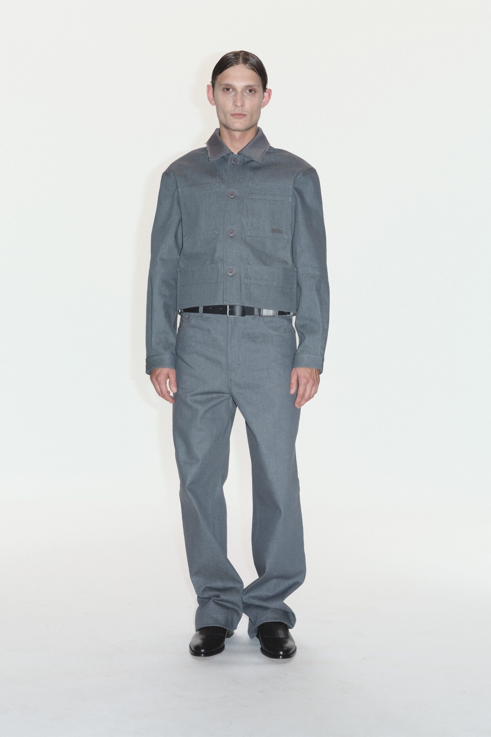 gray denim long-sleeve collared fitted jacket