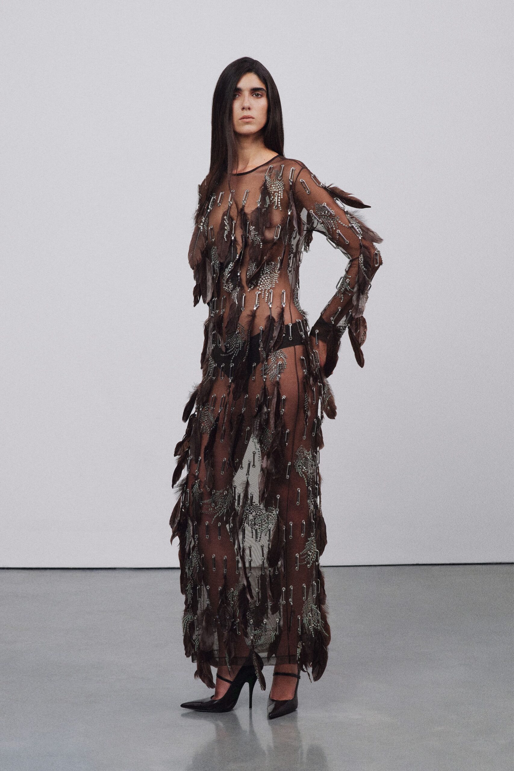 brown mesh long-sleeve v-neck fitted fringed layered gown