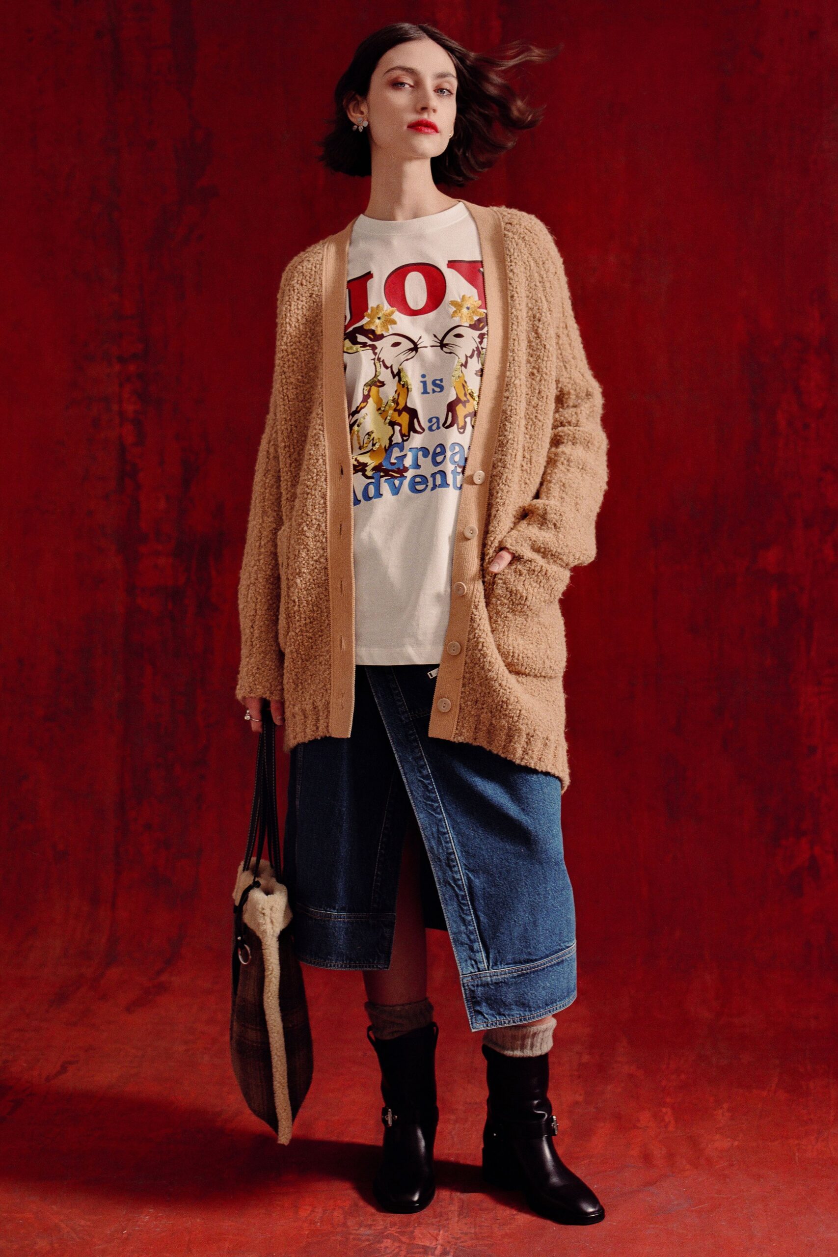 beige wool long-sleeve collared oversized buttoned cardigan