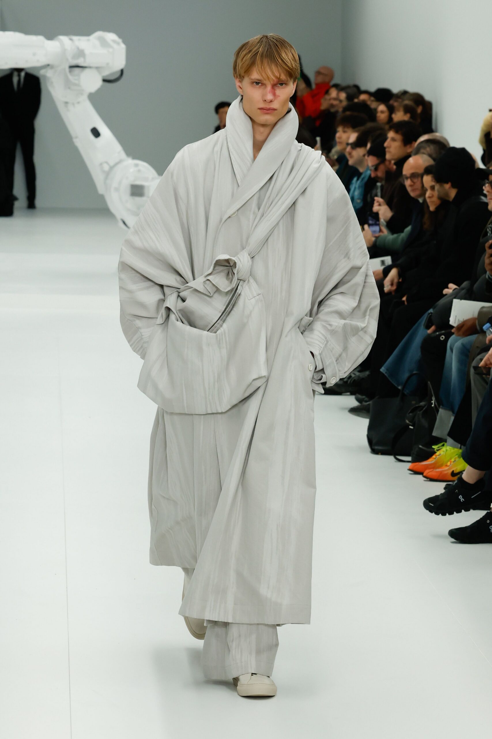 gray cotton long-sleeve collared oversized draped coat