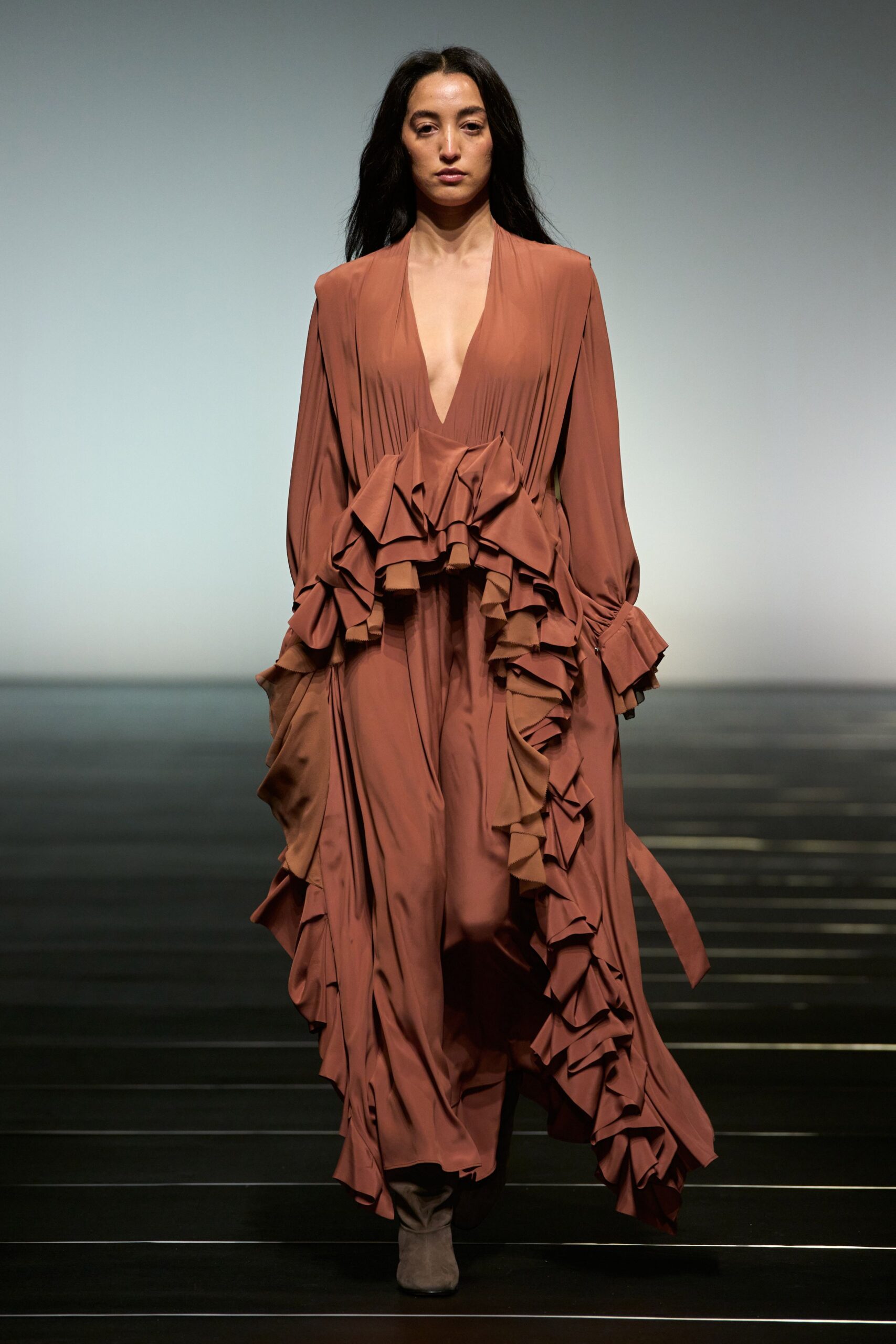 brown silk long-sleeve v-neck fitted ruffled pleated gown