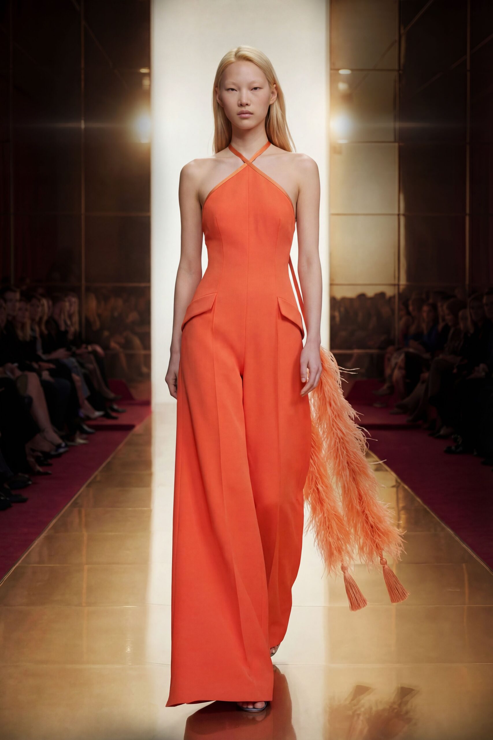 orange silk sleeveless halter fitted wide-leg pleated jumpsuit