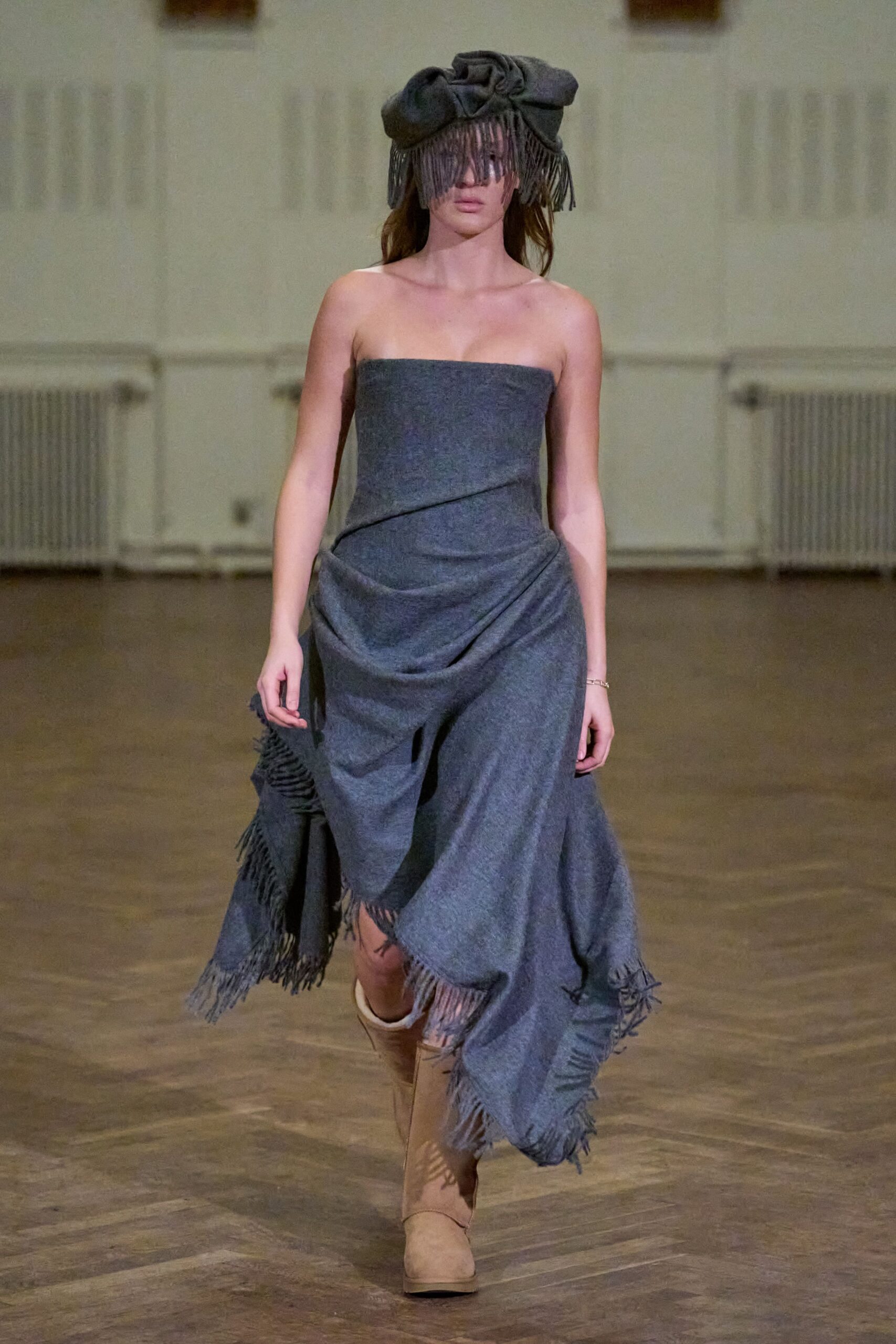 gray wool strapless fitted fringed draped midi dress