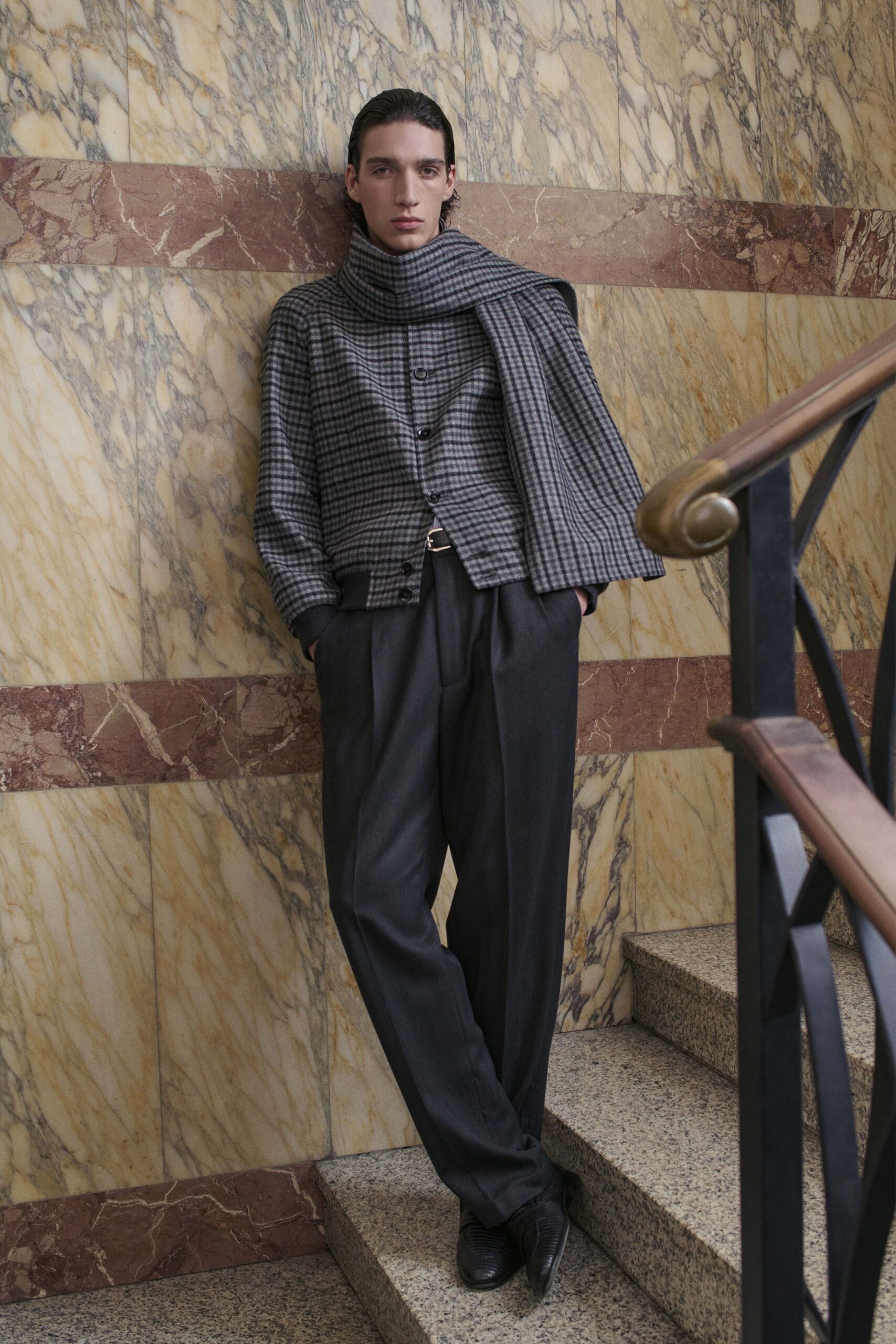 gray wool cape with black shirt
