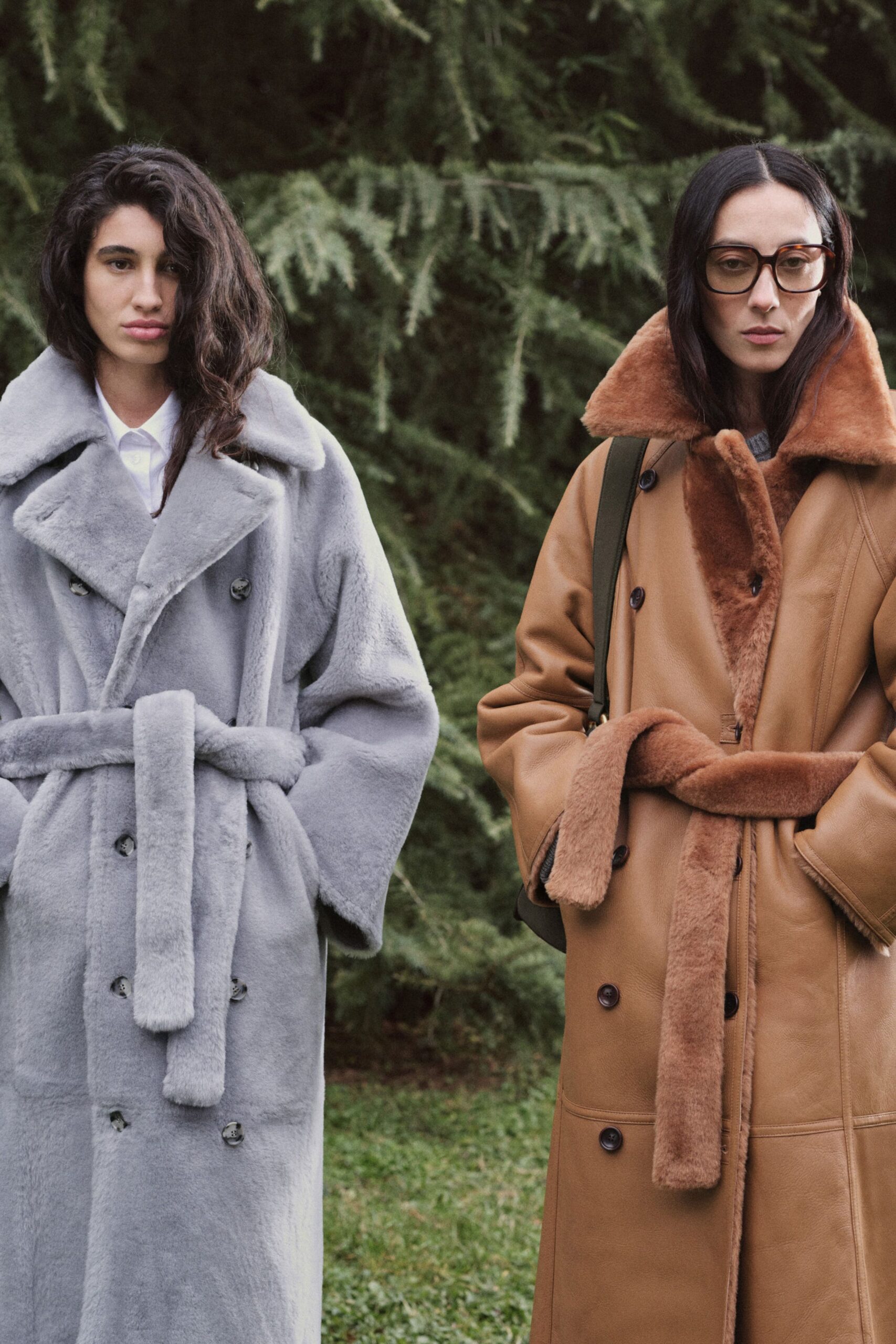 brown leather long-sleeve collared relaxed belted coat