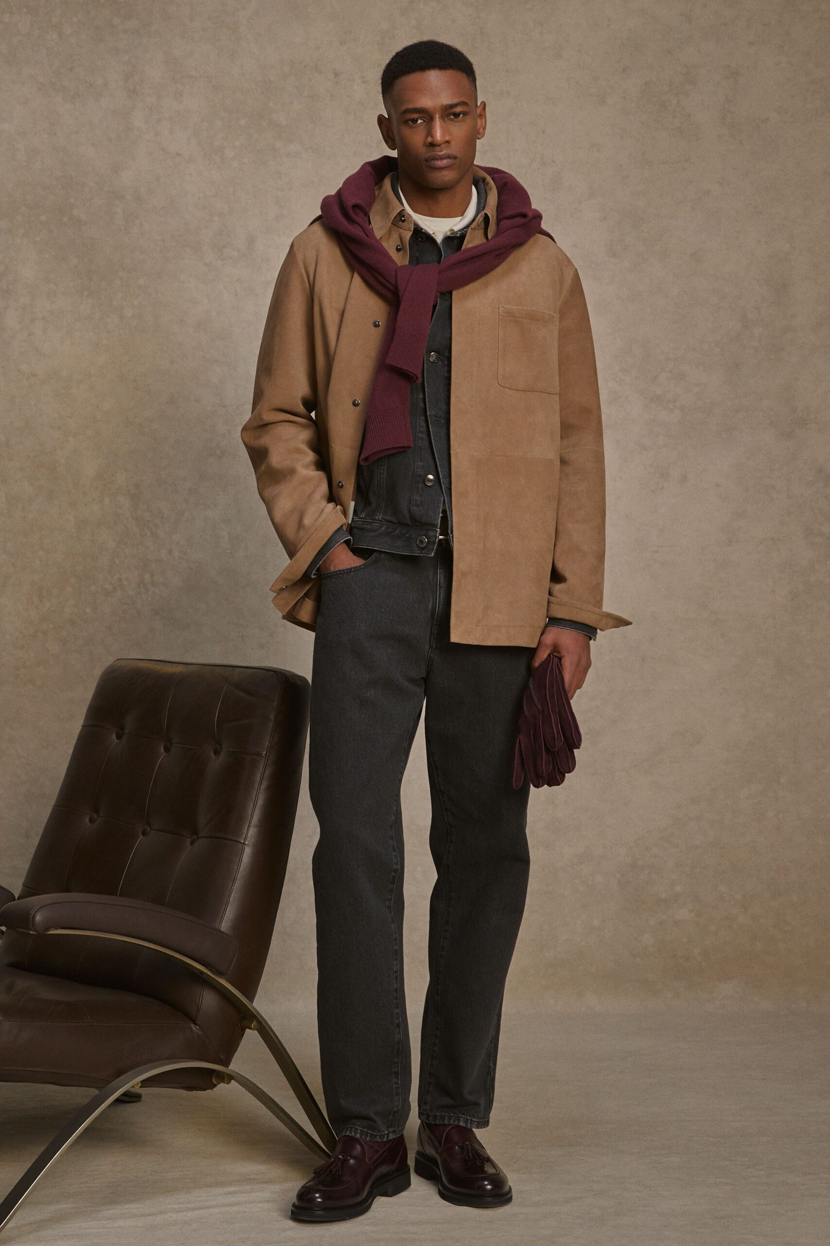 beige suede long-sleeve collared relaxed jacket