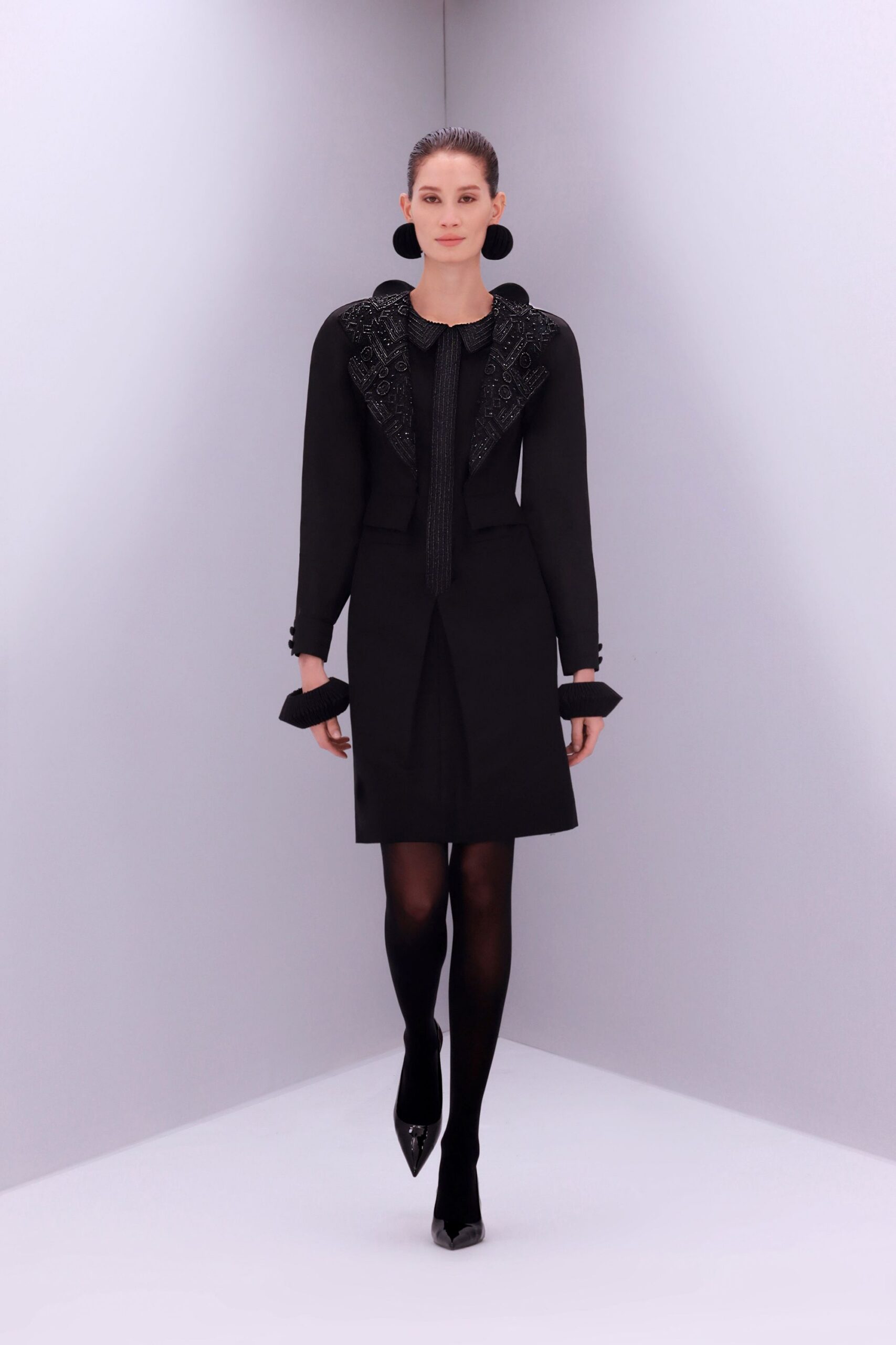 black silk long-sleeve collared fitted embroidered buttoned dress