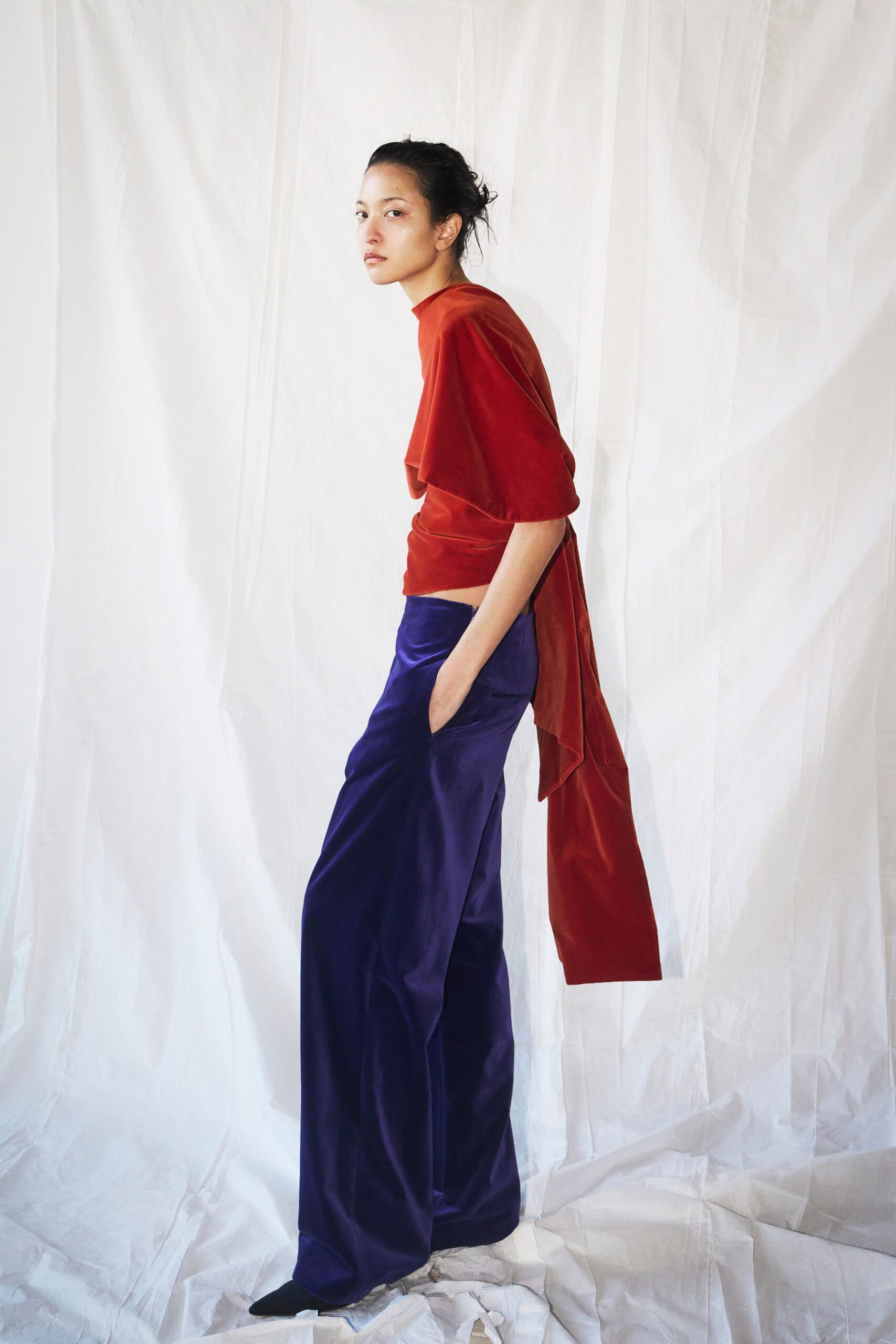 red velvet short-sleeve high-neck relaxed draped top