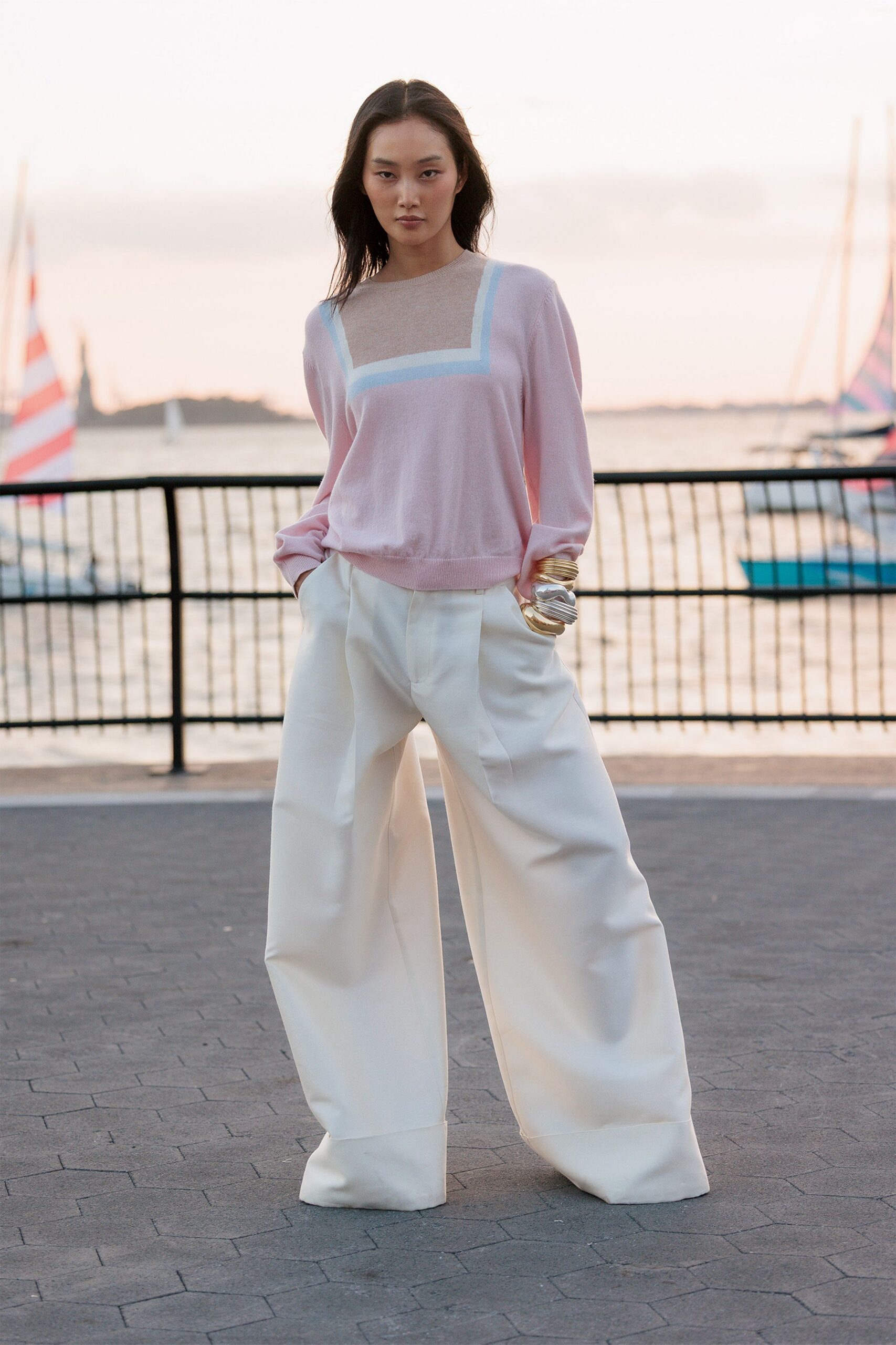 pink cotton long-sleeve scoop-neck relaxed sweater