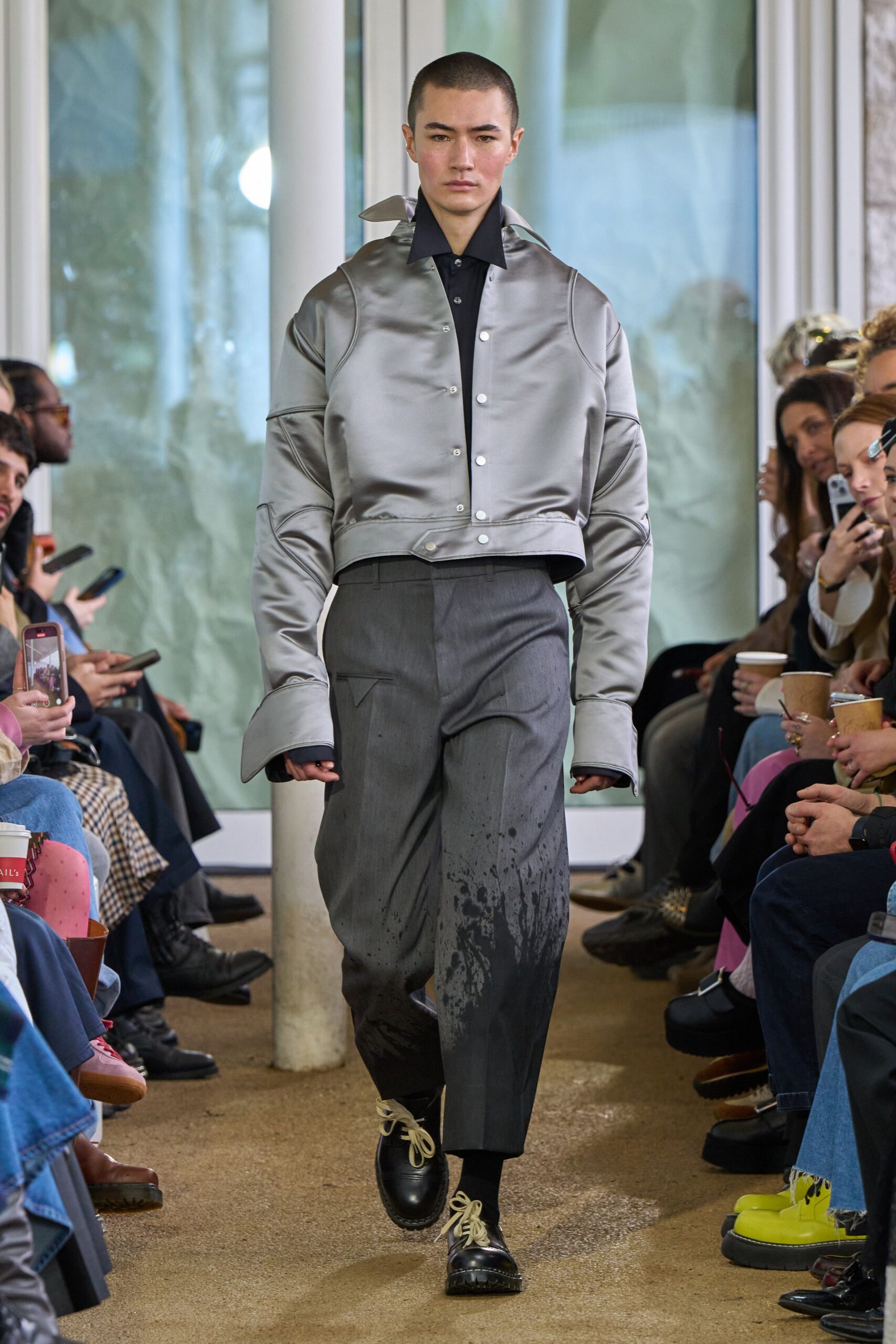 gray silk long-sleeve collared oversized zippered jacket