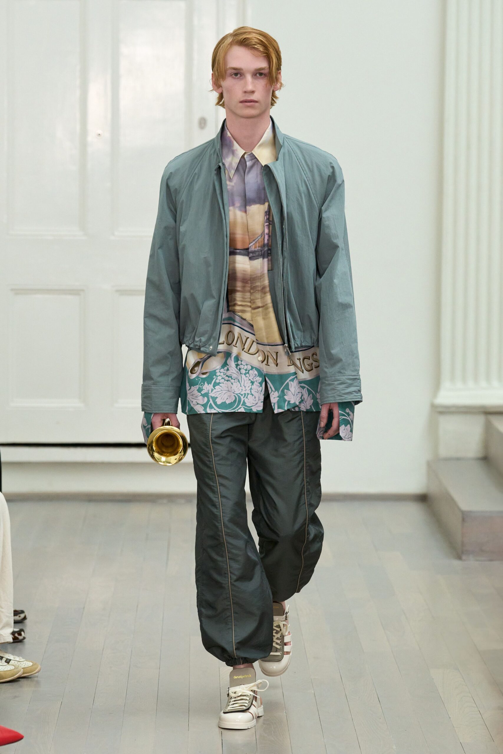 gray relaxed jacket with multi shirt