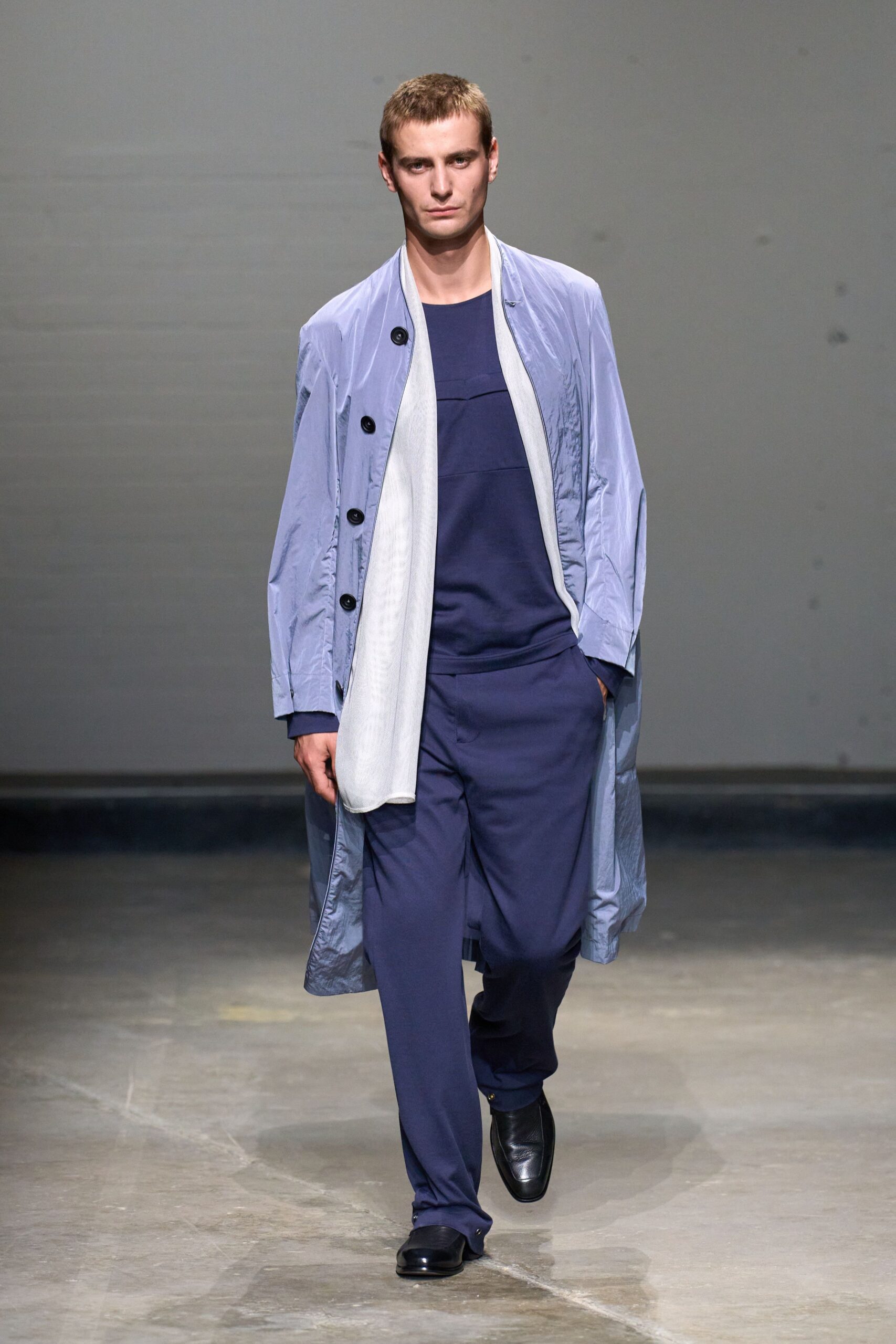 blue coat white shirt tailored pants