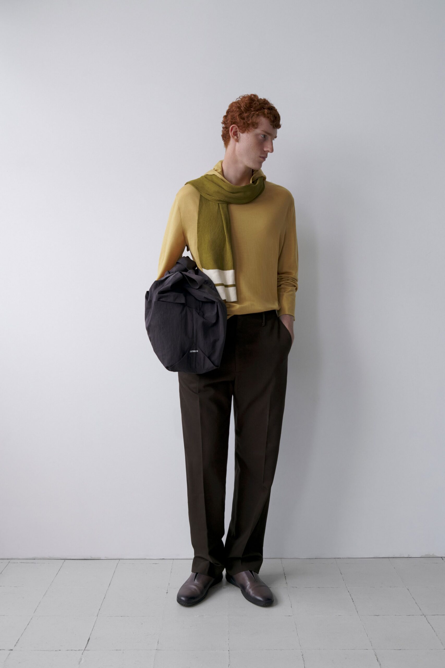 yellow relaxed top with gray blazer