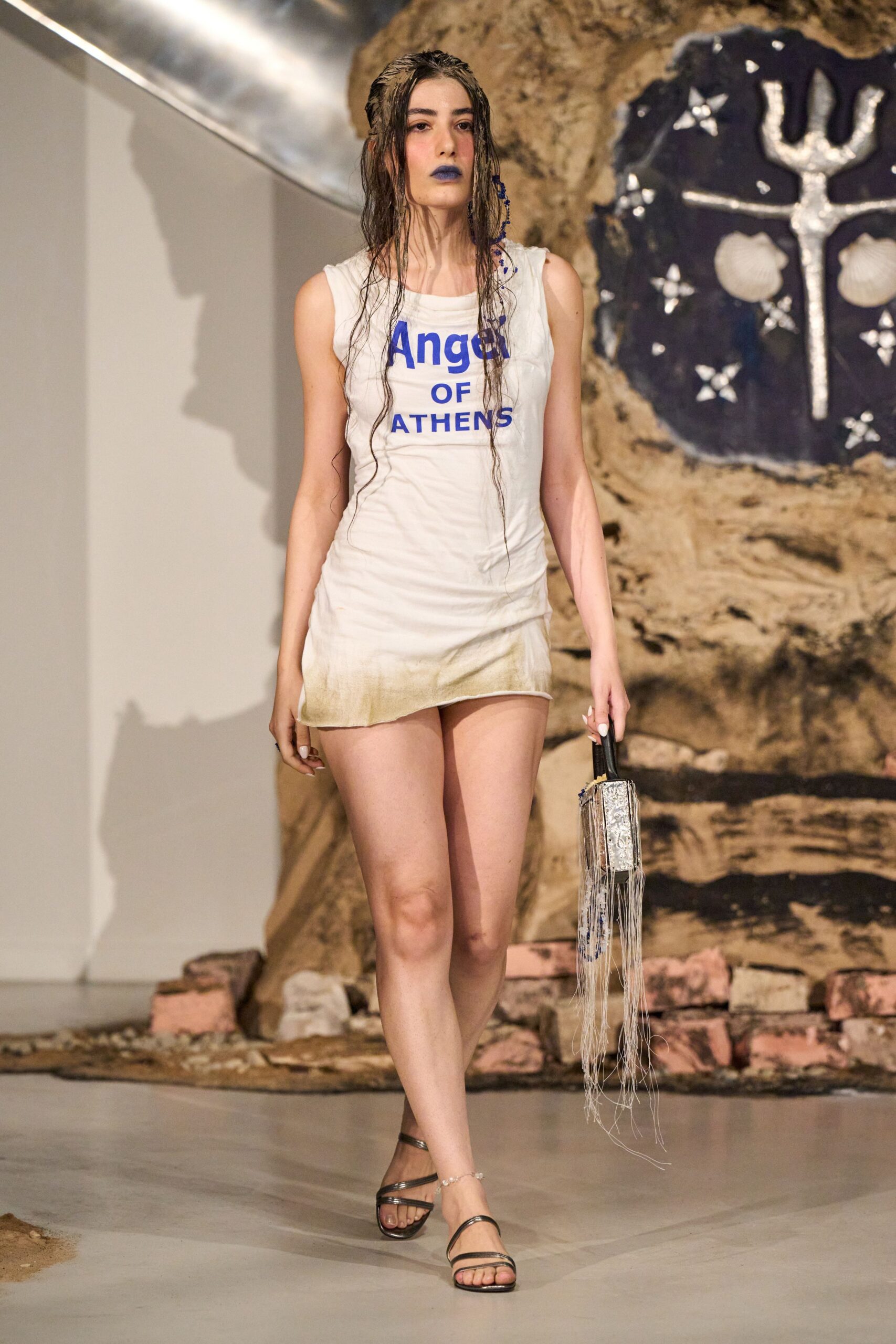 white tank-top beige mini-skirt